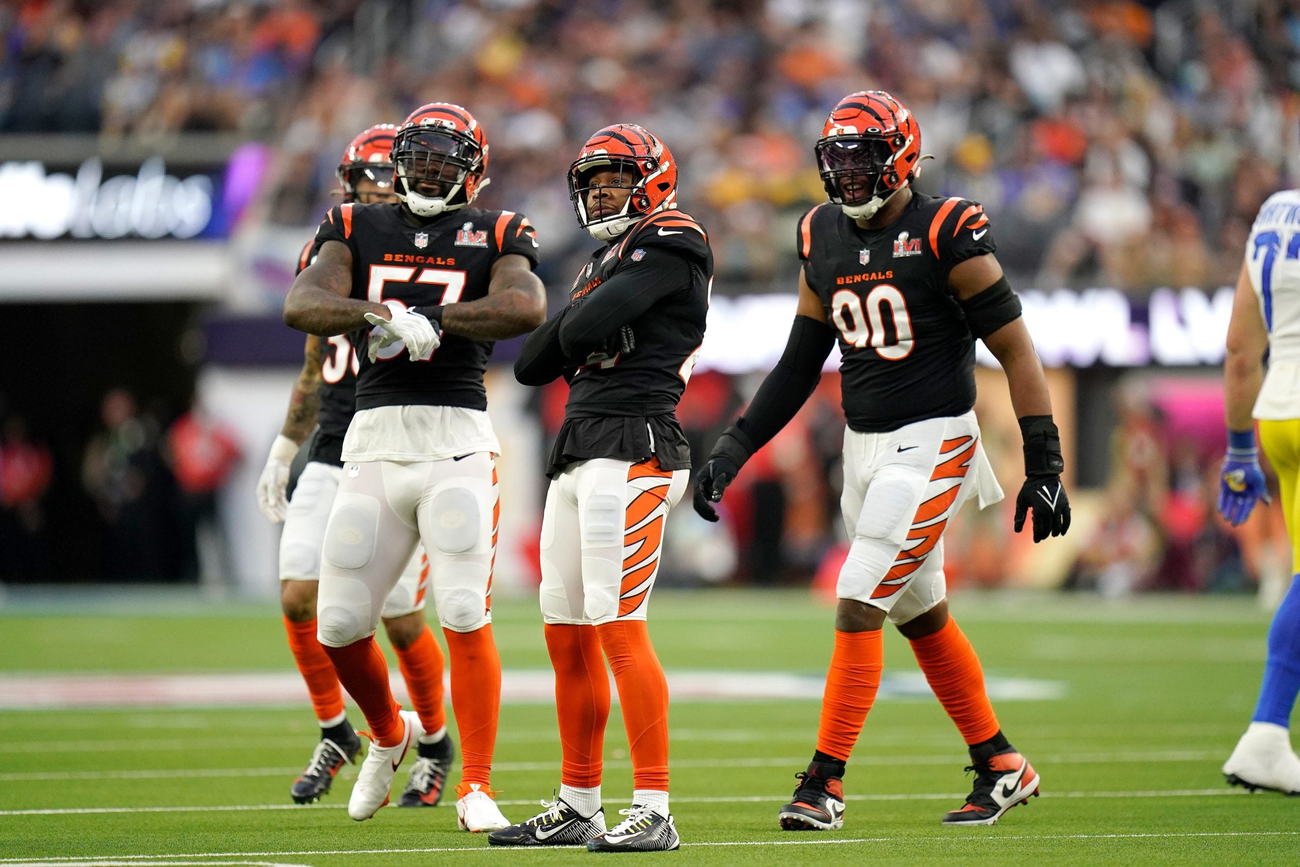 Cincinnati Bengals Germaine Pratt, left, Vonn Bell, center, and Khalid Kareem celebrate a play during the 1st half Super Bowl 56, Sunday, Feb. 13, 2022, at SoFi Stadium in Inglewood, Calif. Nfl Super Bowl 56 Los Angeles Rams Vs Cincinnati Bengals Feb 13 2022 Sam Greene 582635