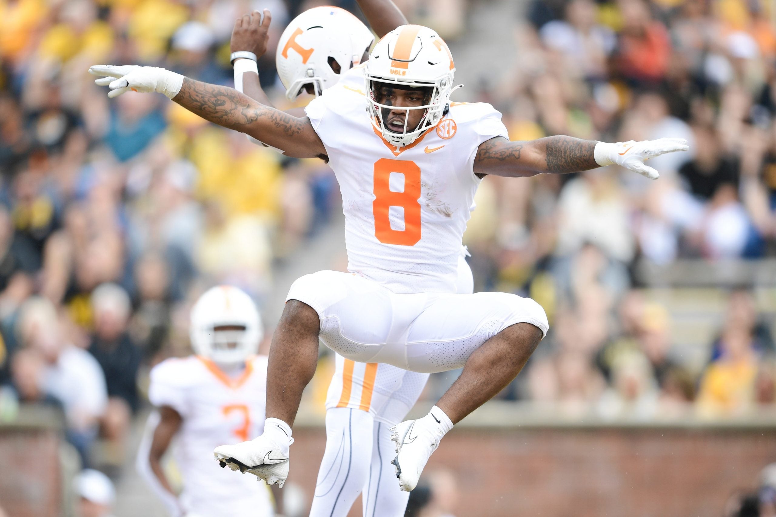Tennessee running back Tiyon Evans (8) celebrates a touchdown during an NCAA football game between Tennessee and Missouri on Faurot Field at Memorial Stadium in Columbia, Mo., on Saturday, Oct. 2 , 2021. Utmizzou 1002 0452