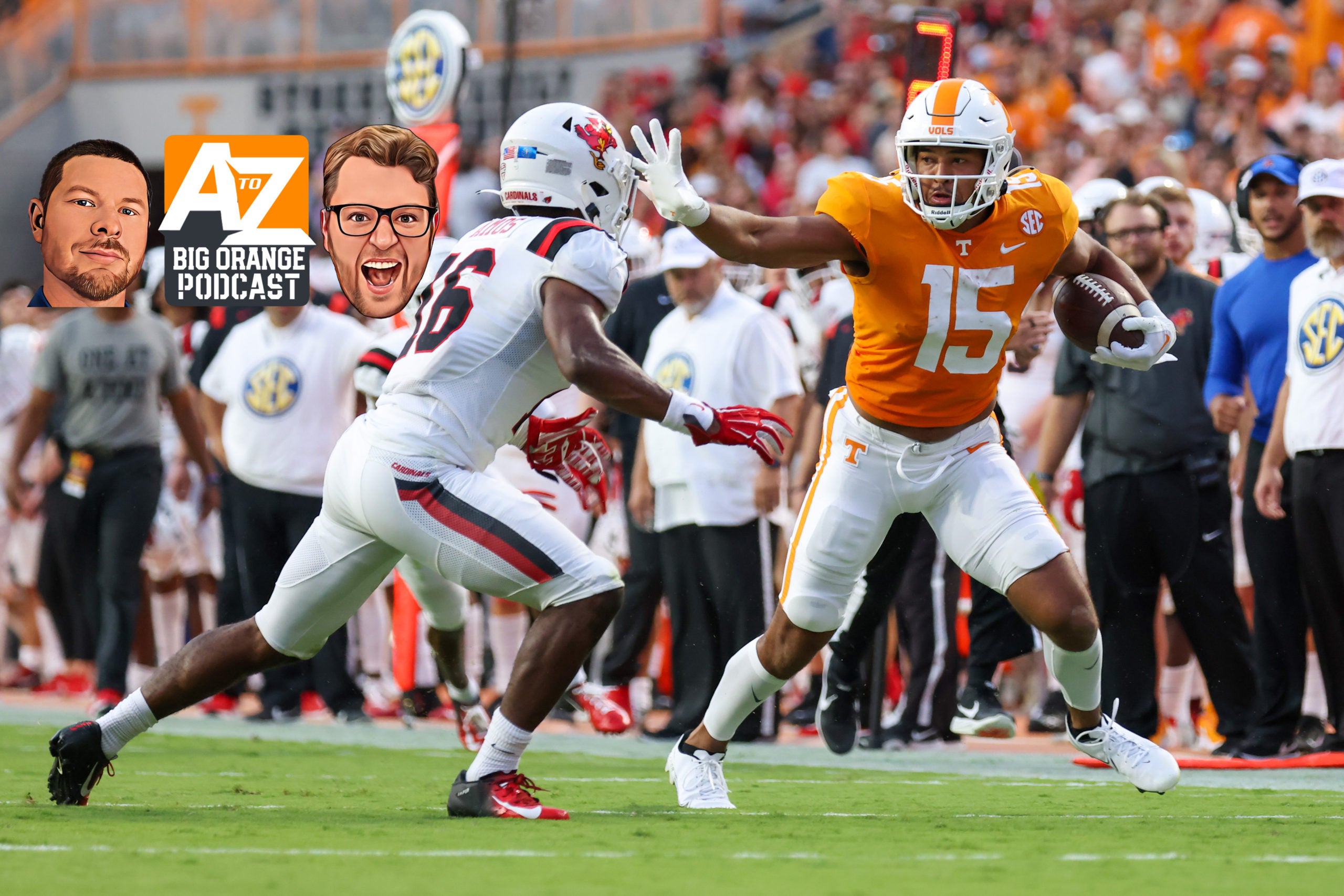 Sep 1, 2022; Knoxville, Tennessee, USA; Tennessee Volunteers wide receiver Bru McCoy (15) runs with the ball against Ball State Cardinals safety Jaquan Amos (16) during the first half at Neyland Stadium. Mandatory Credit: Randy Sartin-USA TODAY Sports