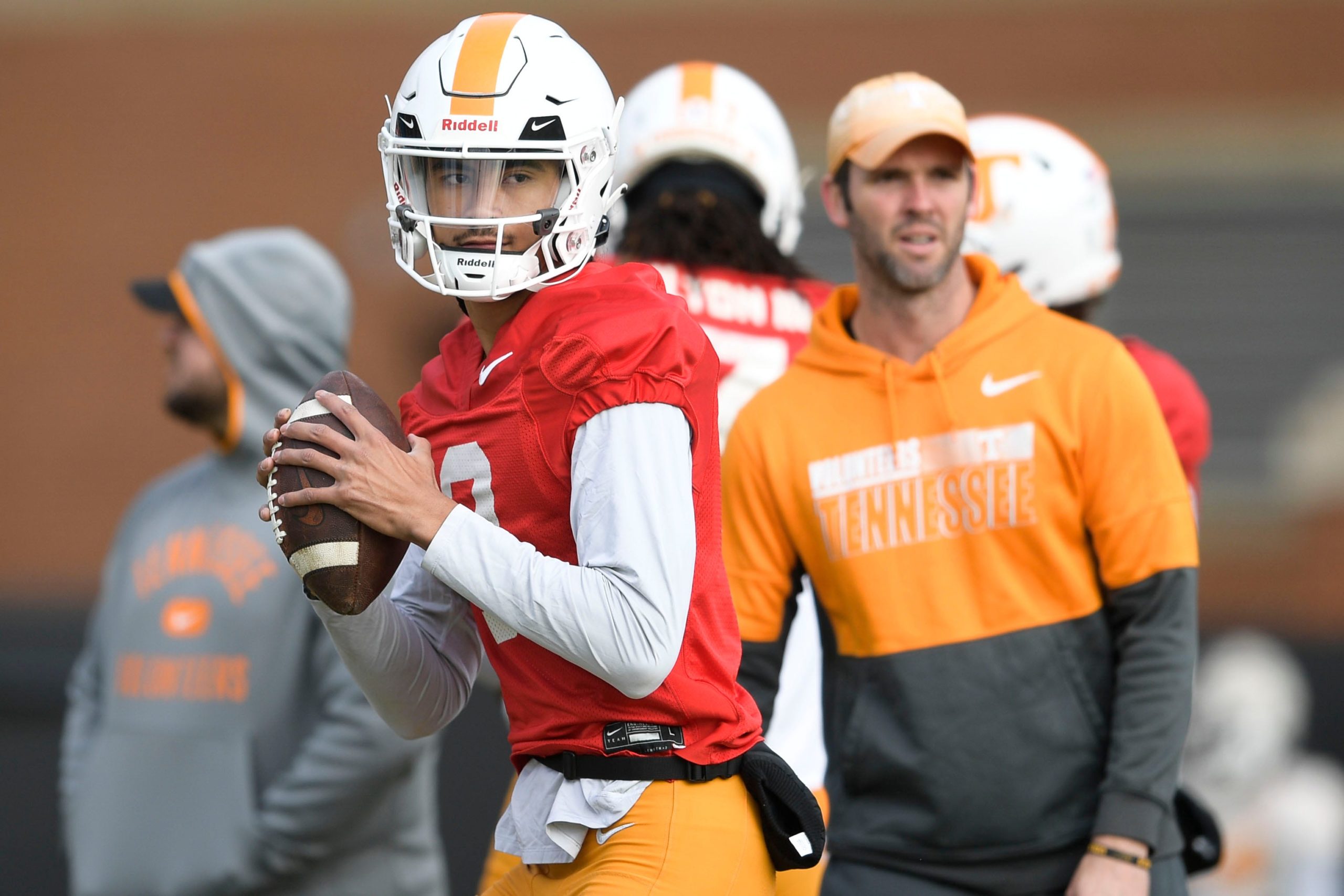 Tennessee quarterback Nico Iamaleava (8) throws a pass during Tennessee football practice at Haslam Field in Knoxville, Tenn., on Saturday, Dec. 17, 2022. The Vols are preparing to play in the Orange Bowl against Clemson on Dec. 30. Ut Football Practice