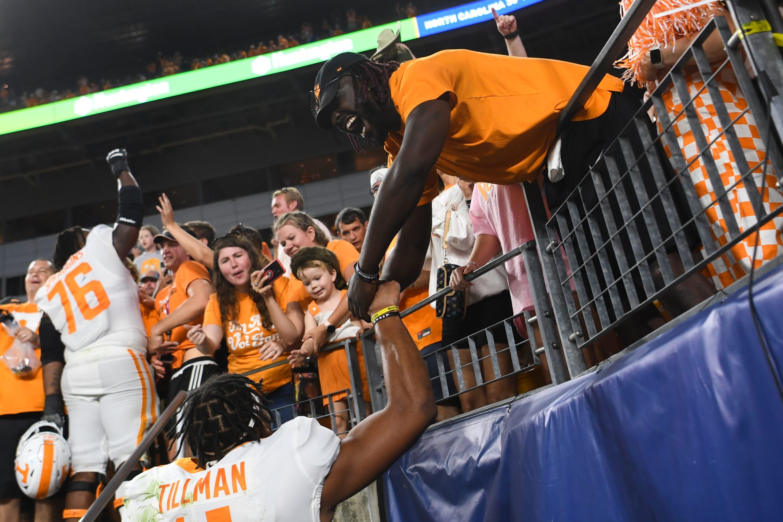 A fan congratulates Tennessee wide receiver Cedric Tillman (4) after a game between the Tennessee Volunteers and Pittsburgh Panthers in Acrisure Stadium in Pittsburgh, Saturday, Sept. 10, 2022. Tennessee defeated Pitt 34-27 in overtime. Tennpitt0910 03748