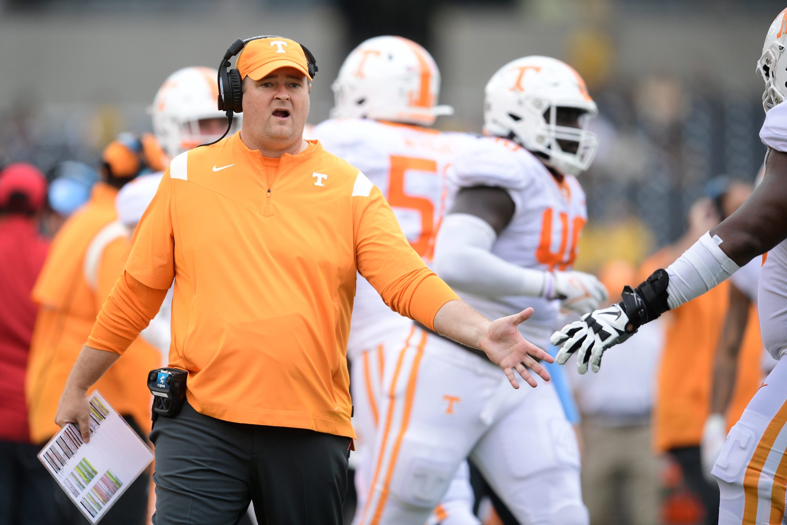 Tennessee head coach Josh Heupel is seen on the Field during an NCAA football game between Tennessee and Missouri on Faurot Field at Memorial Stadium in Columbia, Mo., on Saturday, Oct. 2 , 2021. Utmizzou 1002 0582