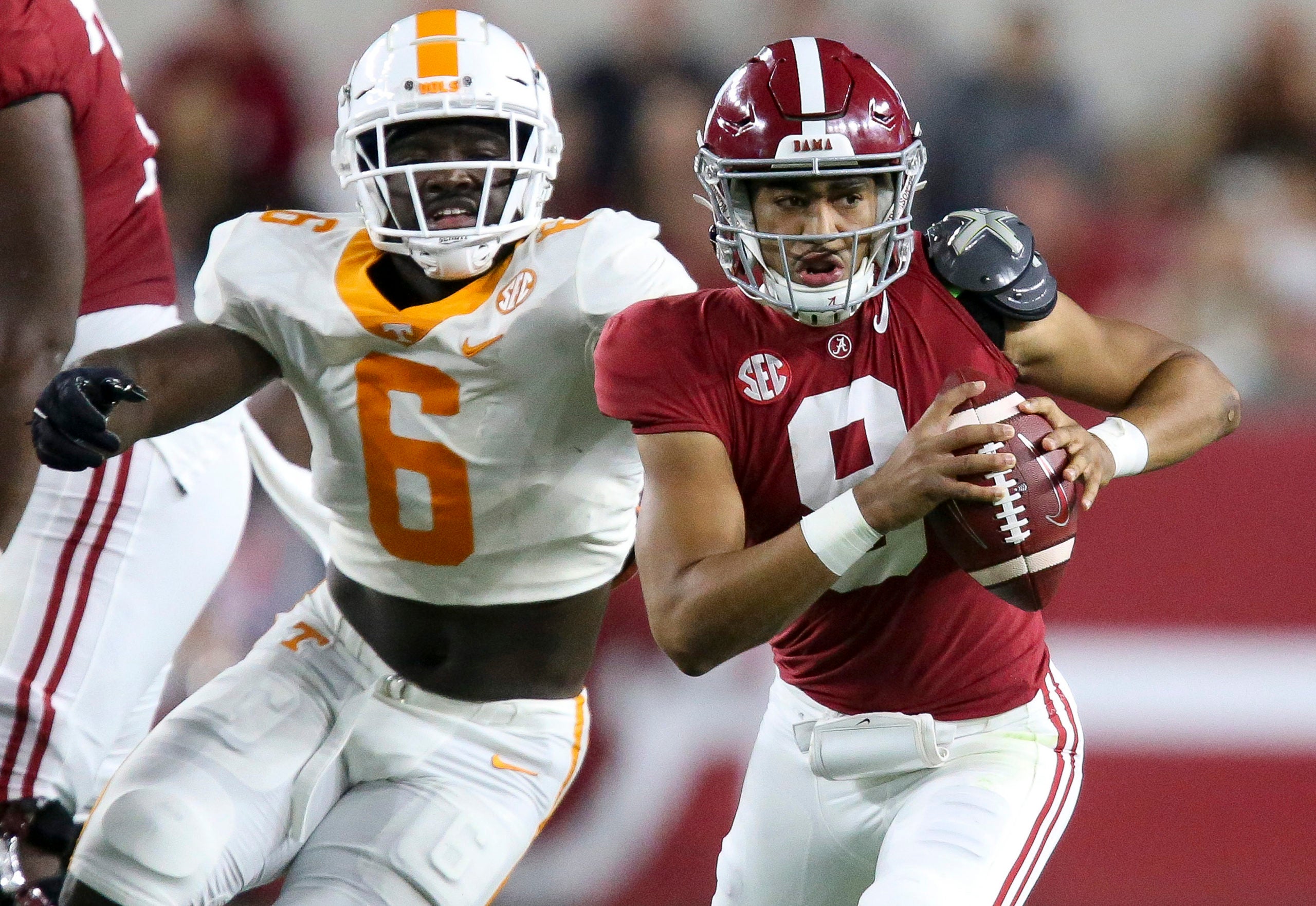 Oct 23, 2021; Tuscaloosa, Alabama, USA;  Tennessee Volunteers defensive lineman Byron Young (6) sacks Alabama Crimson Tide quarterback Bryce Young (9) during the first half at Bryant-Denny Stadium. Mandatory Credit: Gary Cosby Jr.-USA TODAY Sports