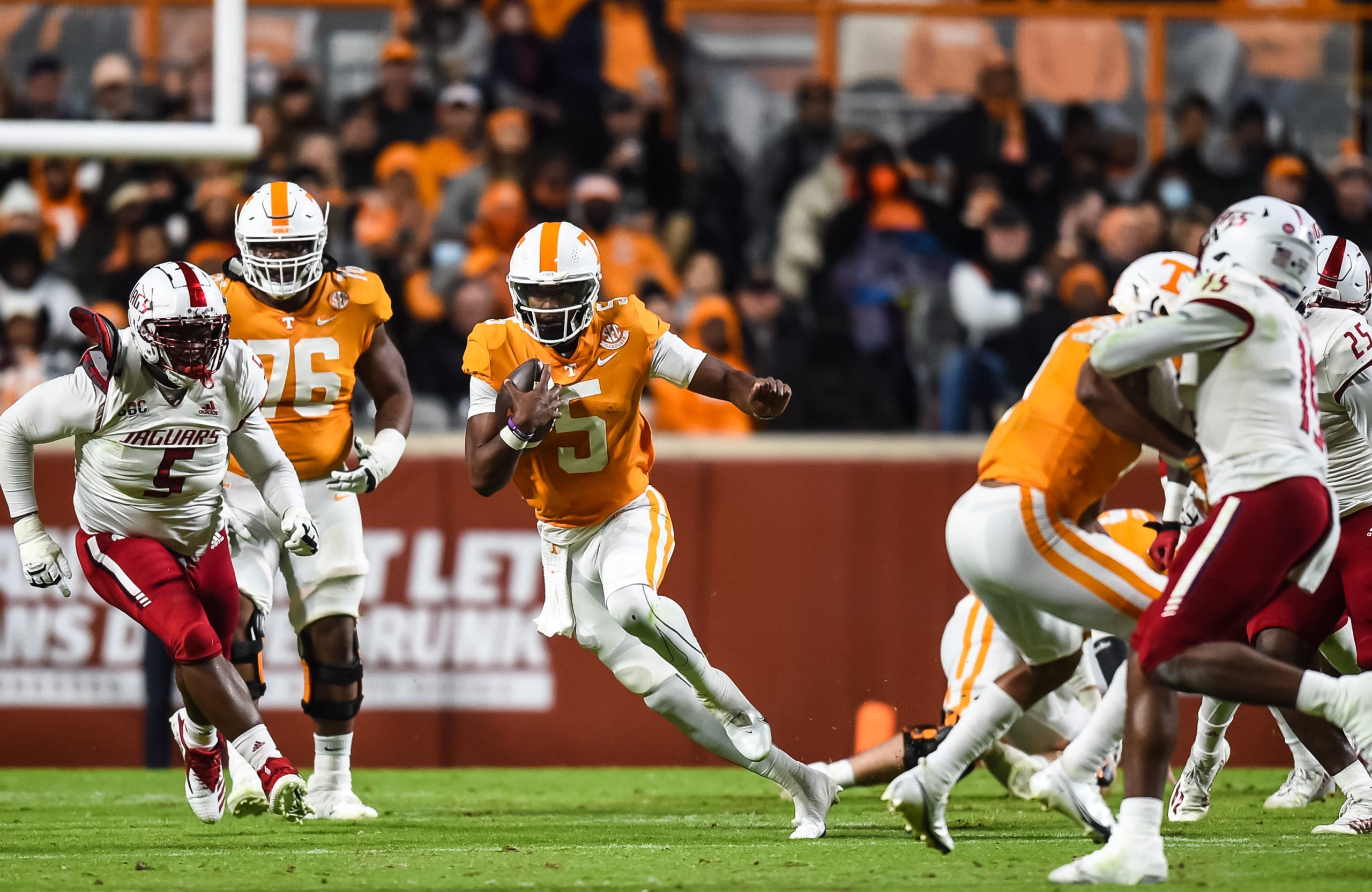 Nov 20, 2021; Knoxville, Tennessee, USA; Tennessee Volunteers quarterback Hendon Hooker (5) runs the ball against the South Alabama Jaguars during the first half at Neyland Stadium. Mandatory Credit: Bryan Lynn-USA TODAY Sports