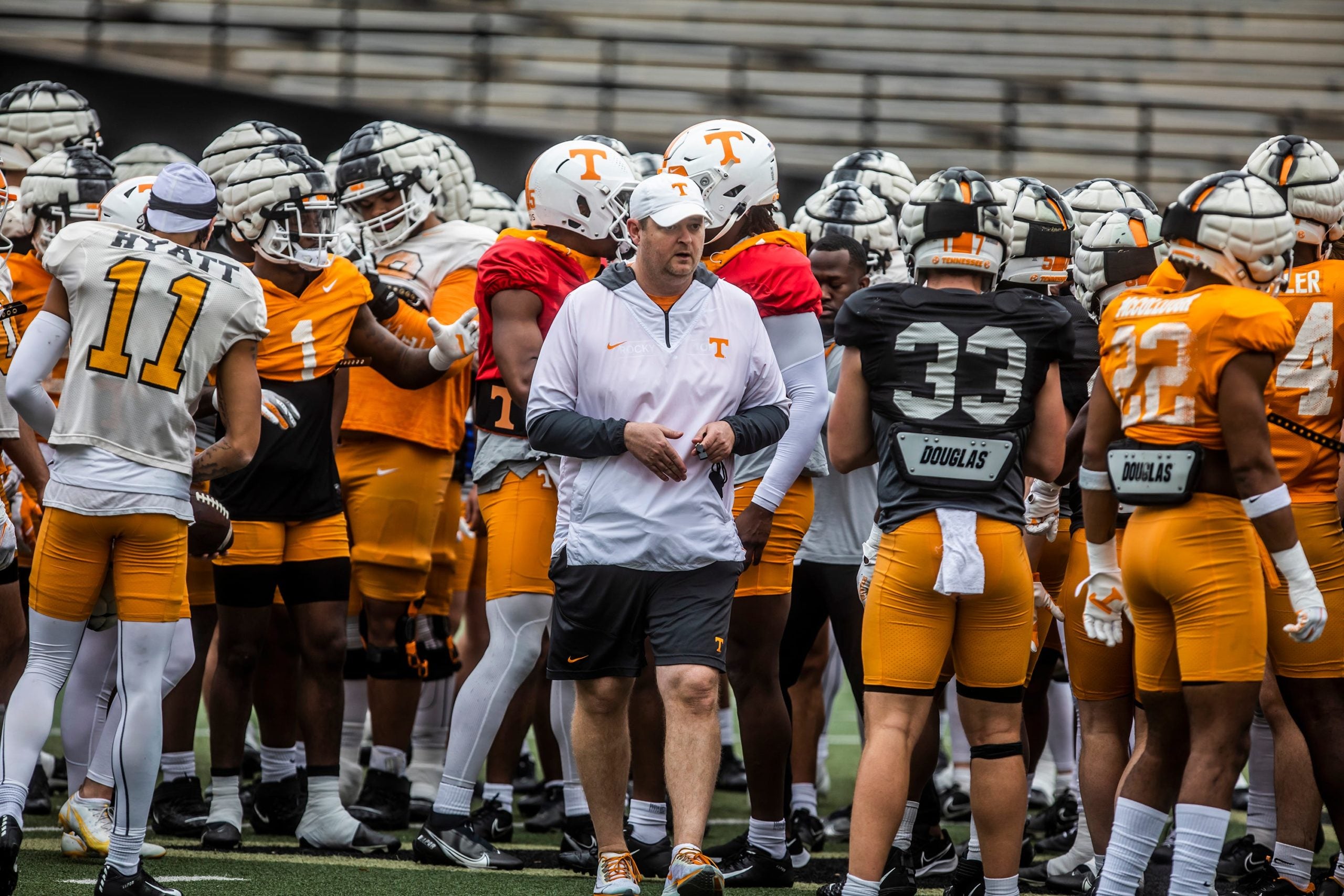 Head coach Josh Heupel interacts with players as they take the field for Tennessee’s first Nashville practice at Vanderbilt Stadium in preparation for their game in the Music City Bowl Sunday, December 26, 2021. Ut Practice 03