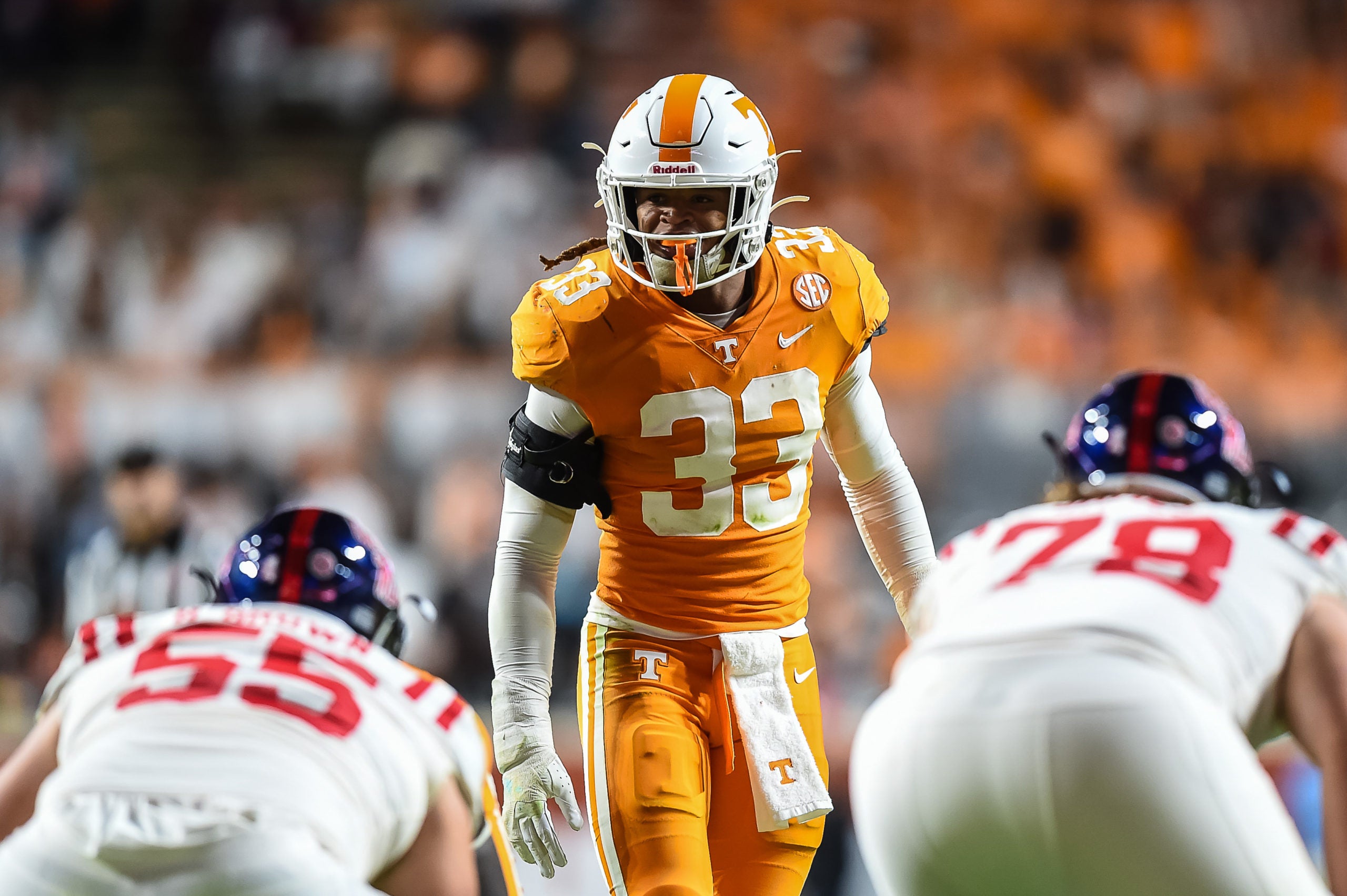 Oct 16, 2021; Knoxville, Tennessee, USA; Tennessee Volunteers linebacker Jeremy Banks (33) playing defense during the first half against the Mississippi Rebels at Neyland Stadium. Mandatory Credit: Bryan Lynn-USA TODAY Sports
