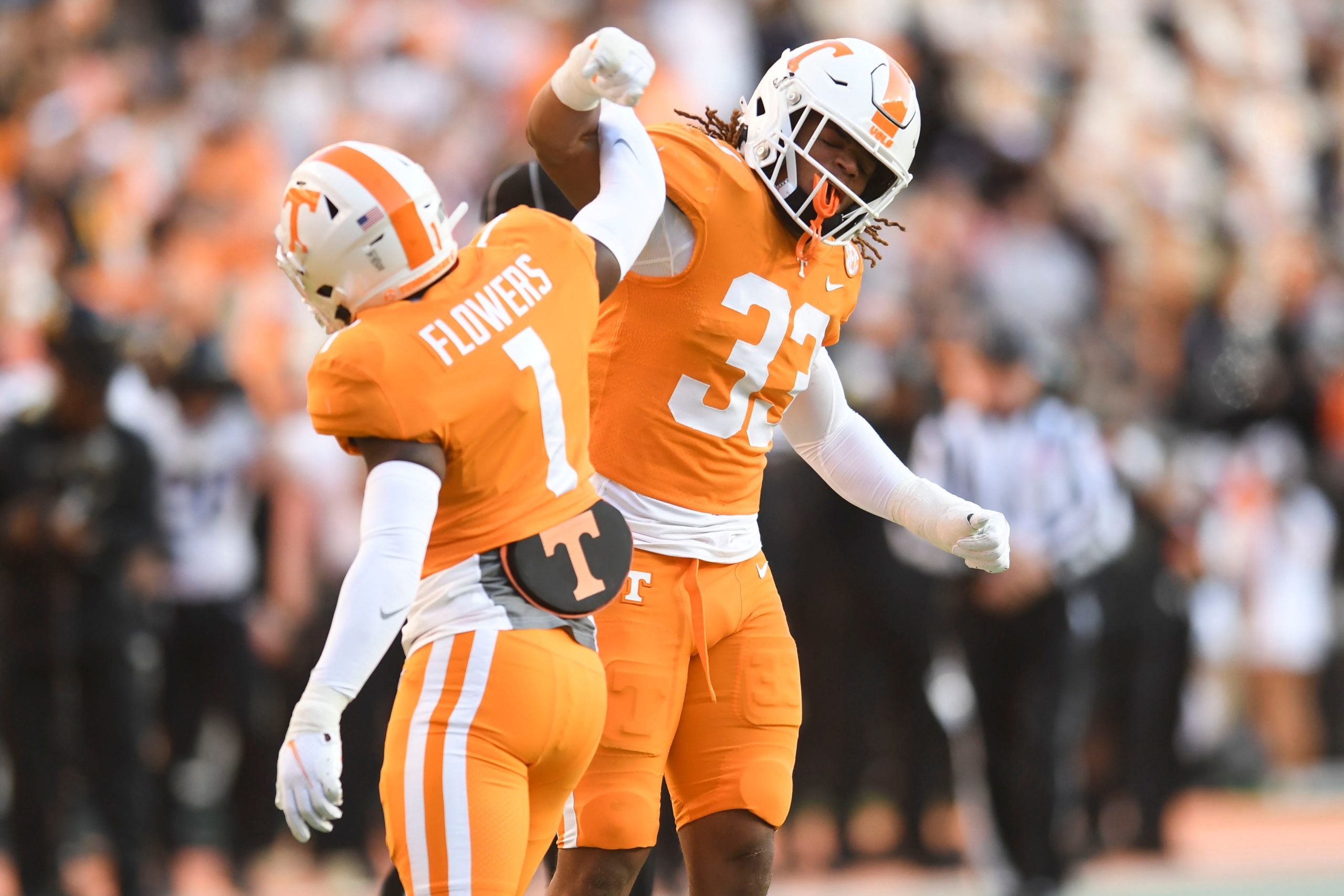 Tennessee defensive back Trevon Flowers (1)  and  linebacker Jeremy Banks (33) celebrate a defensive stop in the NCAA college football game between the Tennesse Volunteers and Vanderbilt Commodores in Knoxville, Tenn. on Saturday, November 27, 2021. Kns Tennessee Vanderbilt Football