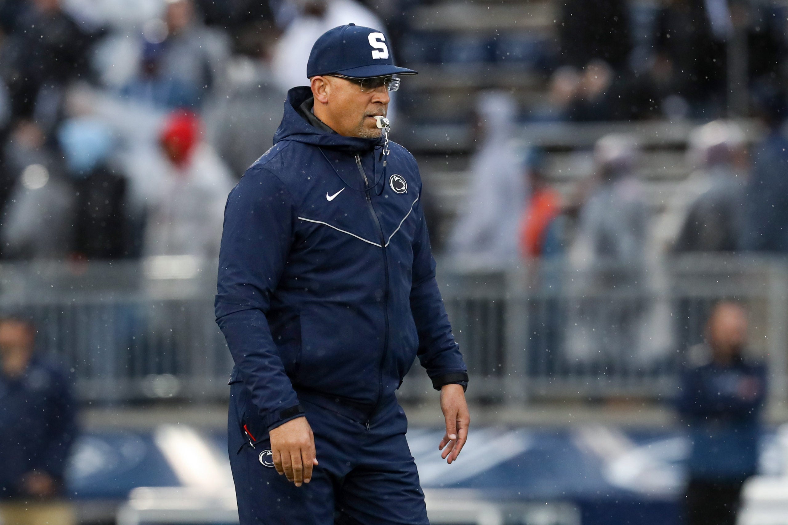 Nov 12, 2022; University Park, Pennsylvania, USA; Penn State Nittany Lions head coach James Franklin looks on during a warm up prior to the game against the Maryland Terrapins at Beaver Stadium. Mandatory Credit: Matthew OHaren-USA TODAY Sports