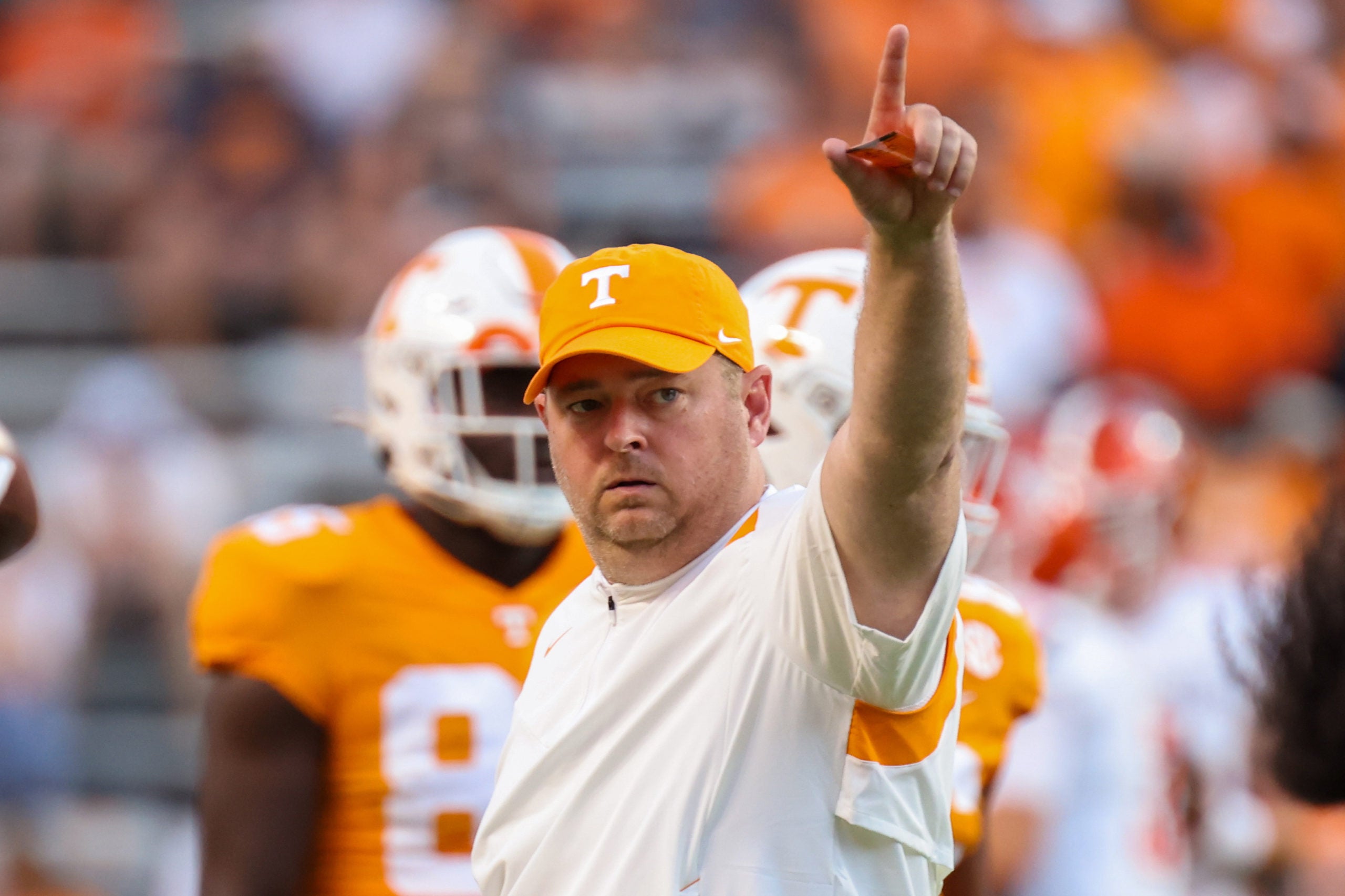 Sep 2, 2021; Knoxville, Tennessee, USA; Tennessee Volunteers head coach Josh Heupel reacts before a game against the Bowling Green Falcons at Neyland Stadium. Mandatory Credit: Randy Sartin-USA TODAY Sports