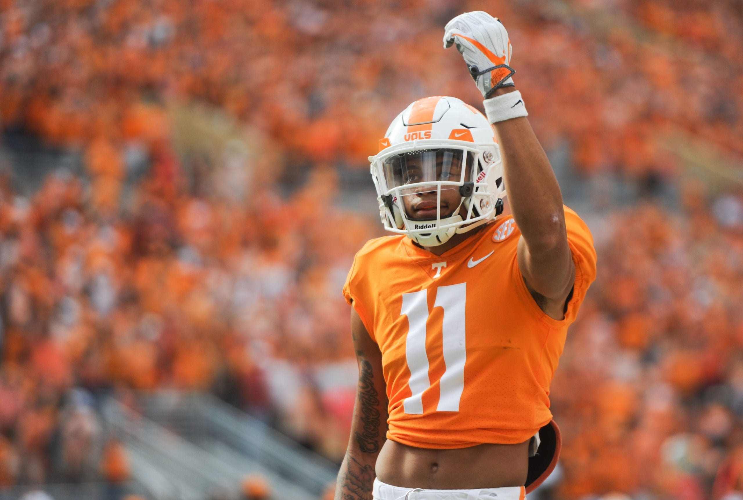 Tennessee wide receiver Jalin Hyatt (11) celebrates during a game between Tennessee and Alabama in Neyland Stadium, on Saturday, Oct. 15, 2022. Tennesseevsalabama1015 3369