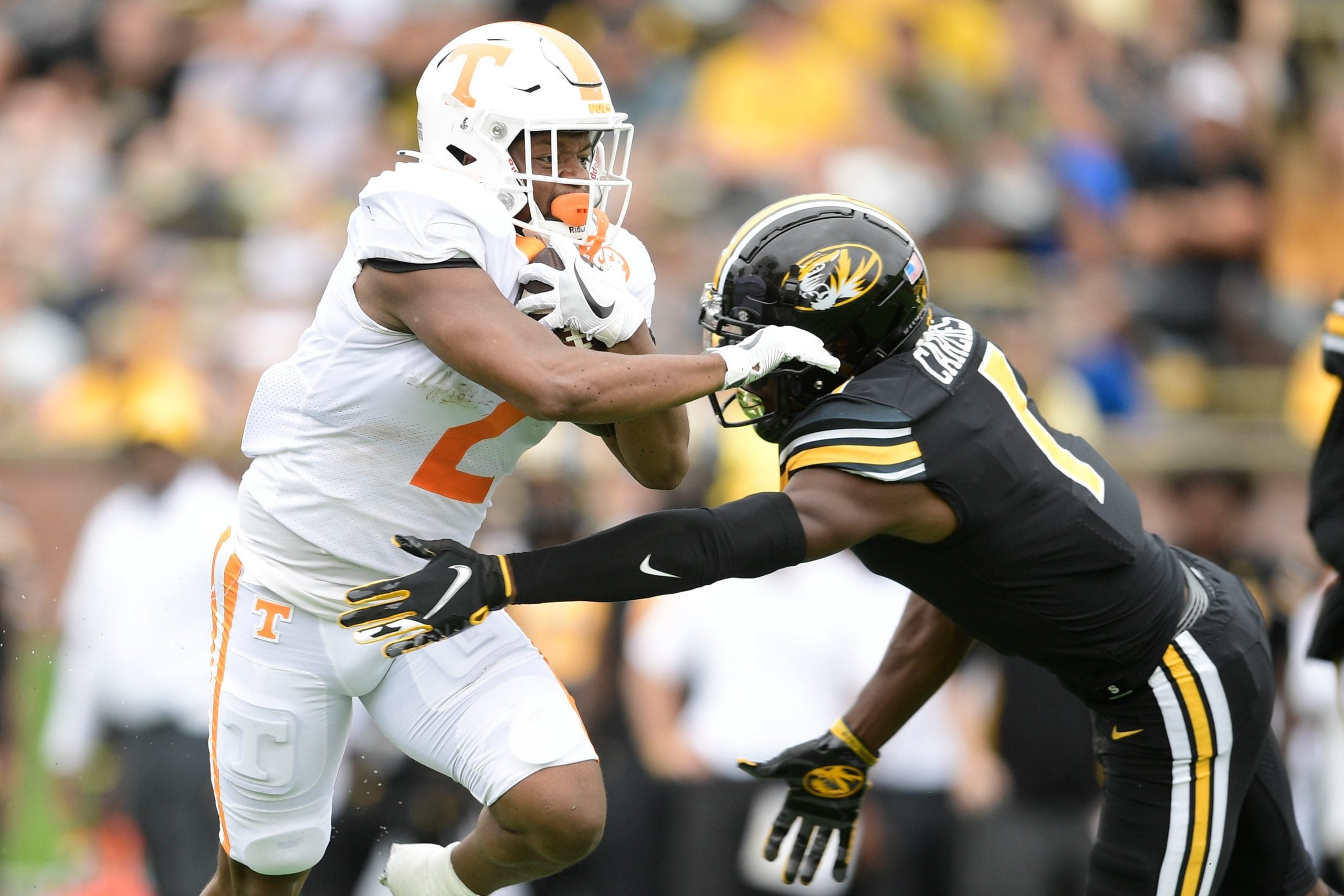Tennessee defensive back Alontae Taylor (2) runs with the ball during an NCAA football game between Tennessee and Missouri on Faurot Field at Memorial Stadium in Columbia, Mo., on Saturday, Oct. 2 , 2021. Utmizzou 1002 0417