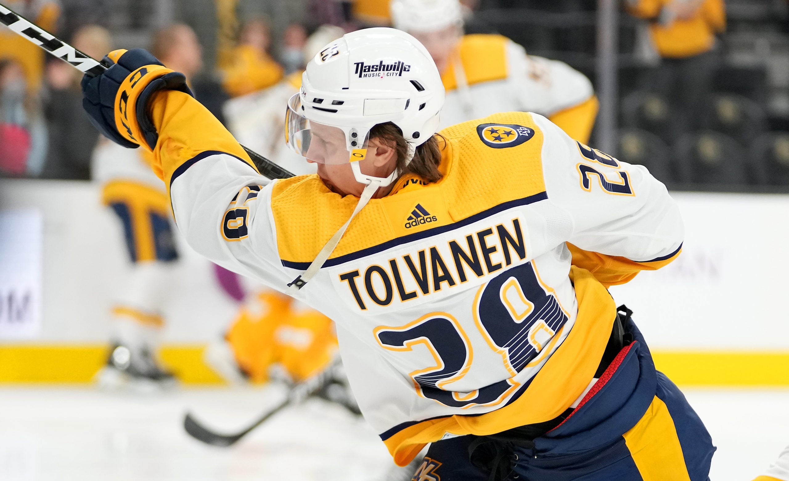 Jan 4, 2022; Las Vegas, Nevada, USA; Nashville Predators right wing Eeli Tolvanen (28) warms up before a game against the Vegas Golden Knights at T-Mobile Arena. Mandatory Credit: Stephen R. Sylvanie-USA TODAY Sports