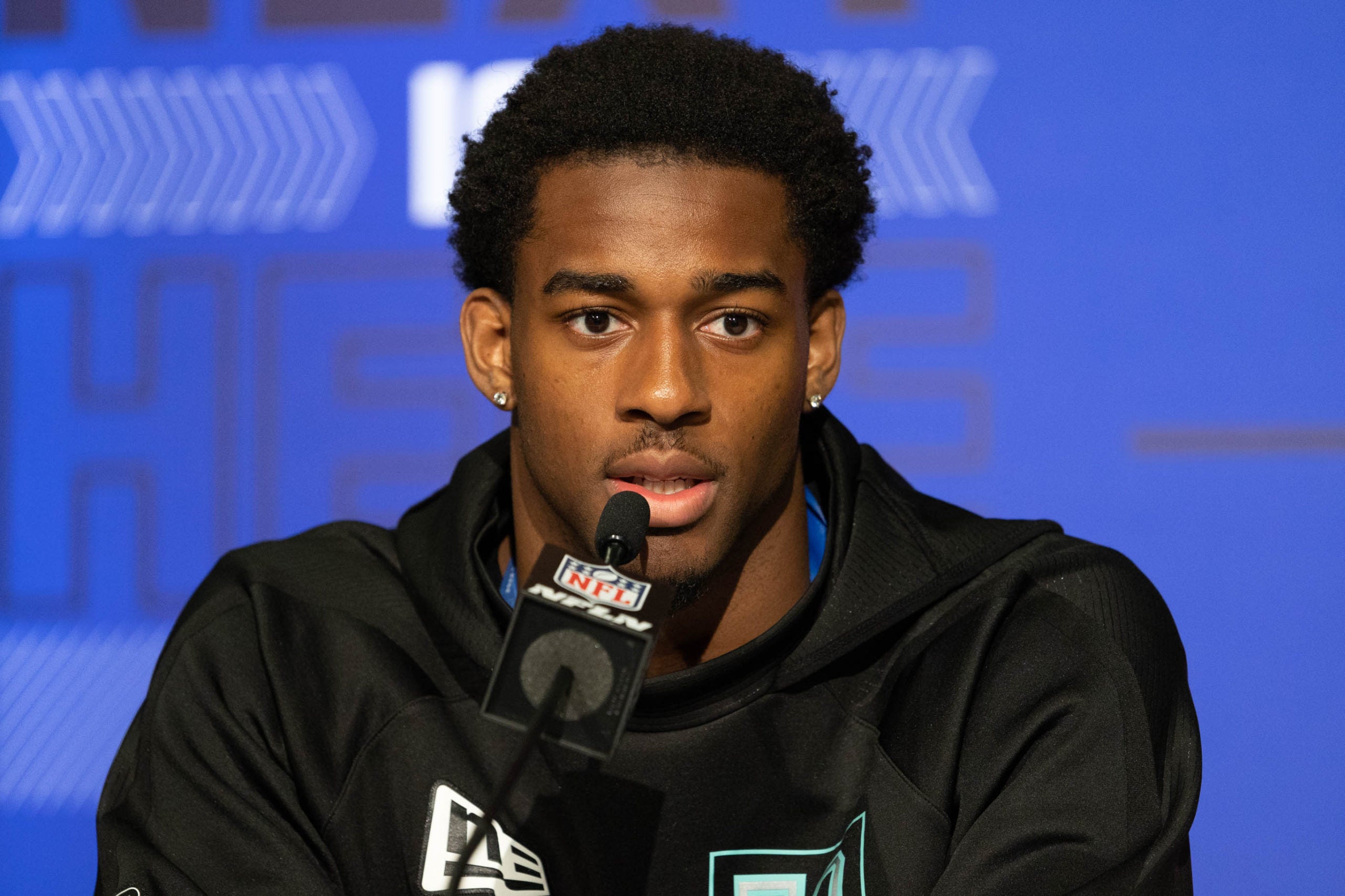 Mar 5, 2022; Indianapolis, IN, USA; Michigan defensive back Dax Hill (DB53) talks to the media during the 2022 NFL Scouting Combine at Lucas Oil Stadium. Mandatory Credit: Trevor Ruszkowski-USA TODAY Sports