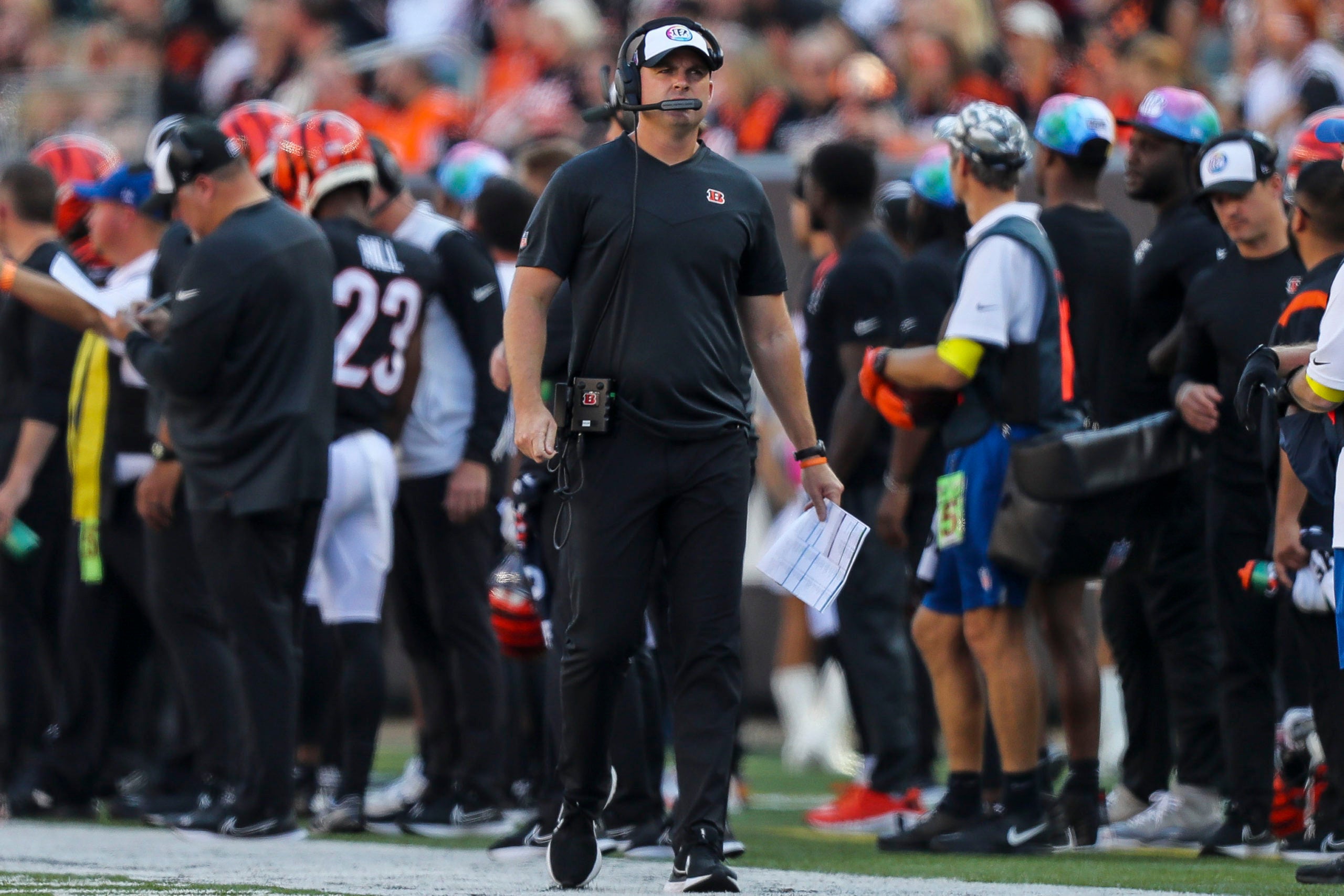 Oct 23, 2022; Cincinnati, Ohio, USA; Cincinnati Bengals head coach Zac Taylor during the second half in the game against the Atlanta Falcons at Paycor Stadium. Mandatory Credit: Katie Stratman-USA TODAY Sports