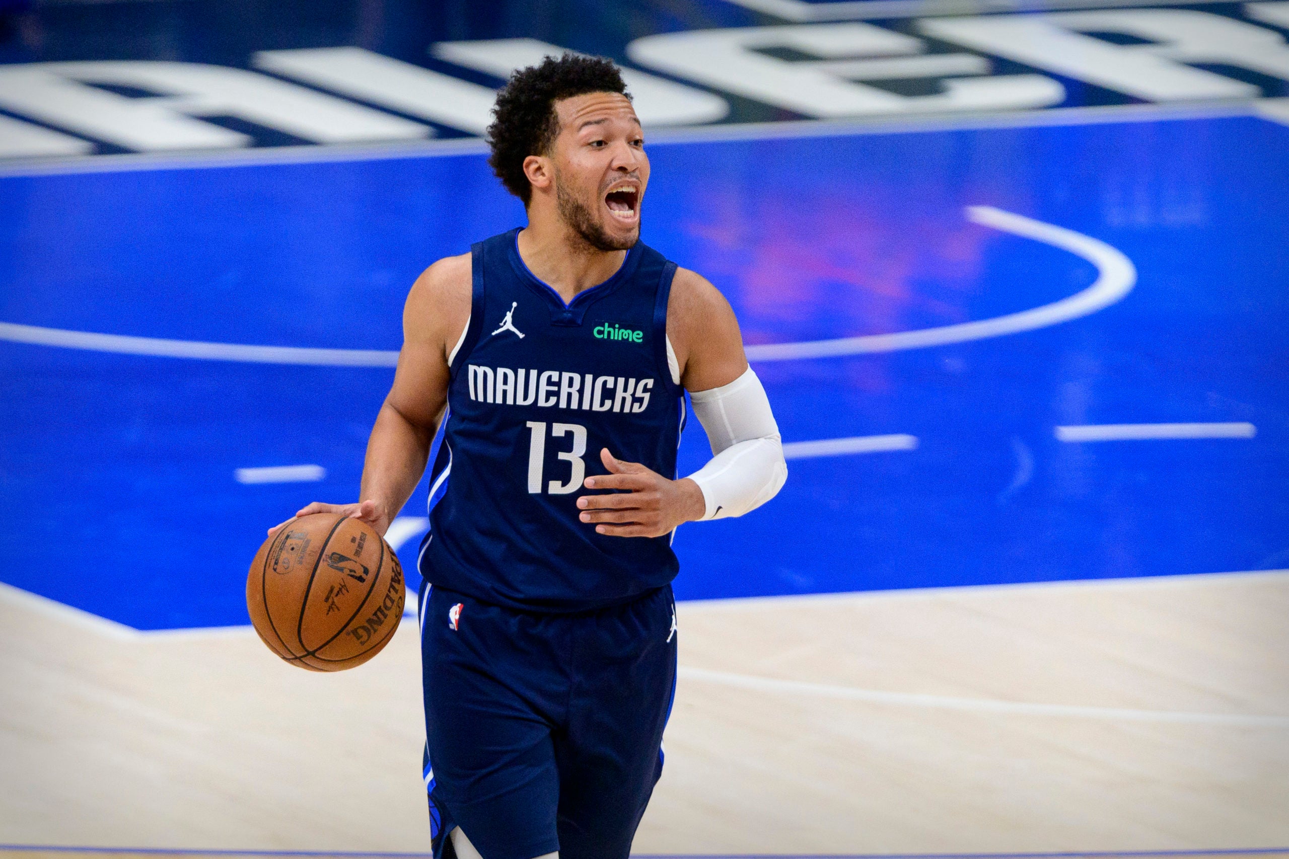 May 28, 2021; Dallas, Texas, USA; Dallas Mavericks guard Jalen Brunson (13) in action during game three between the Clippers and the Mavericks in the first round of the 2021 NBA Playoffs at American Airlines Center. Mandatory Credit: Jerome Miron-USA TODAY Sports