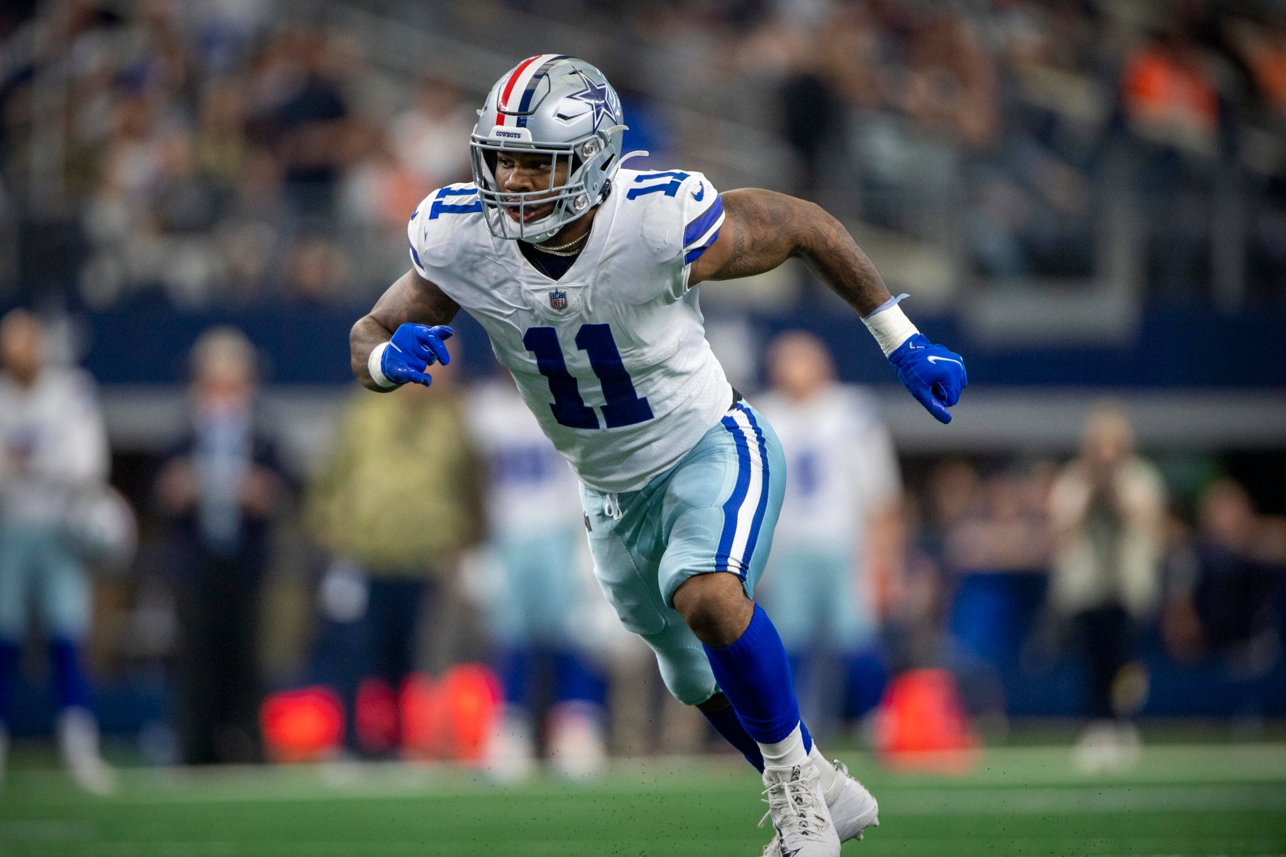 Nov 7, 2021; Arlington, Texas, USA; Dallas Cowboys linebacker Micah Parsons (11) in action during the game between the Dallas Cowboys and the Denver Broncos at AT&T Stadium. Mandatory Credit: Jerome Miron-USA TODAY Sports