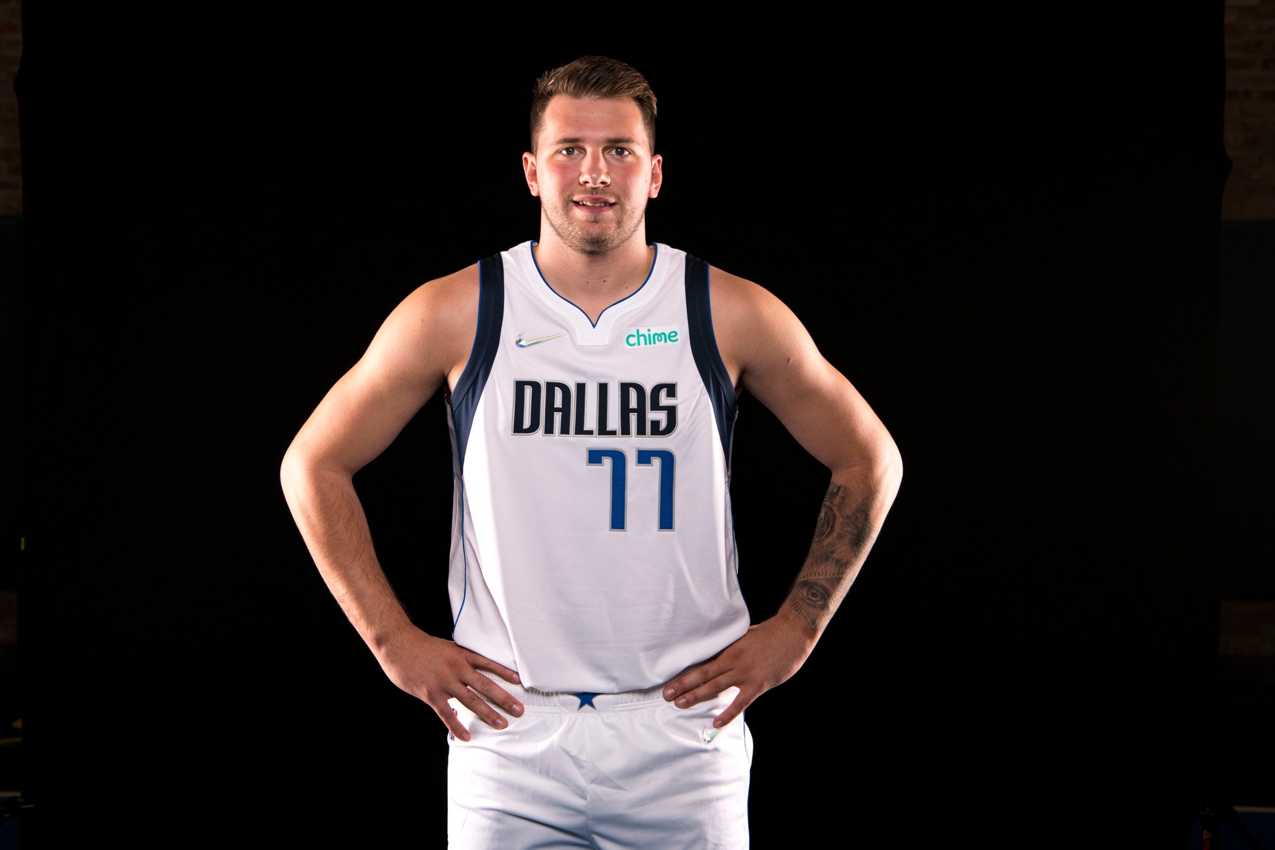 Sep 27, 2021; Dallas, TX, USA; Dallas Mavericks guard Luka Doncic (77) poses for a photo during the Dallas Mavericks media day at the American Airlines Center. Mandatory Credit: Jerome Miron-USA TODAY Sports