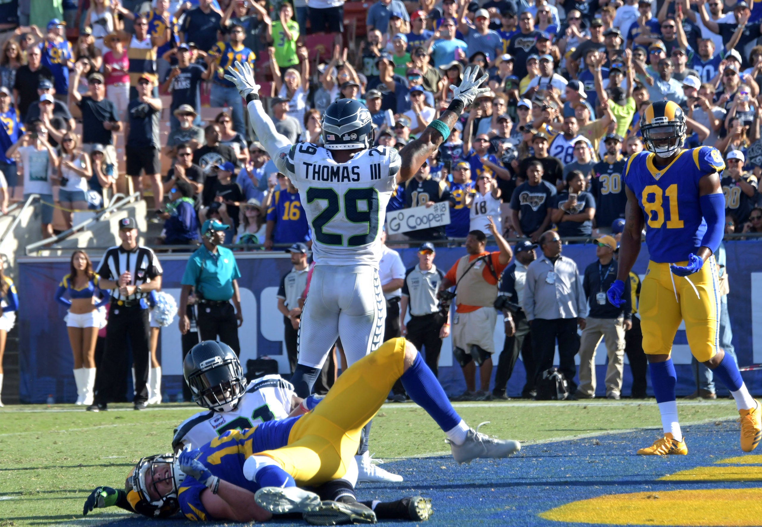 Oct 8, 2017; Los Angeles, CA, USA; Seattle Seahawks free safety Earl Thomas (29) celebrates after an incomplete pass to Los Angeles Rams wide receiver Cooper Kupp (18)  on fourth down with five seconds left during a NFL football game at Los Angeles Memorial Coliseum. The Seahawks defeated the Rams 16-10. Mandatory Credit: Kirby Lee-USA TODAY Sports