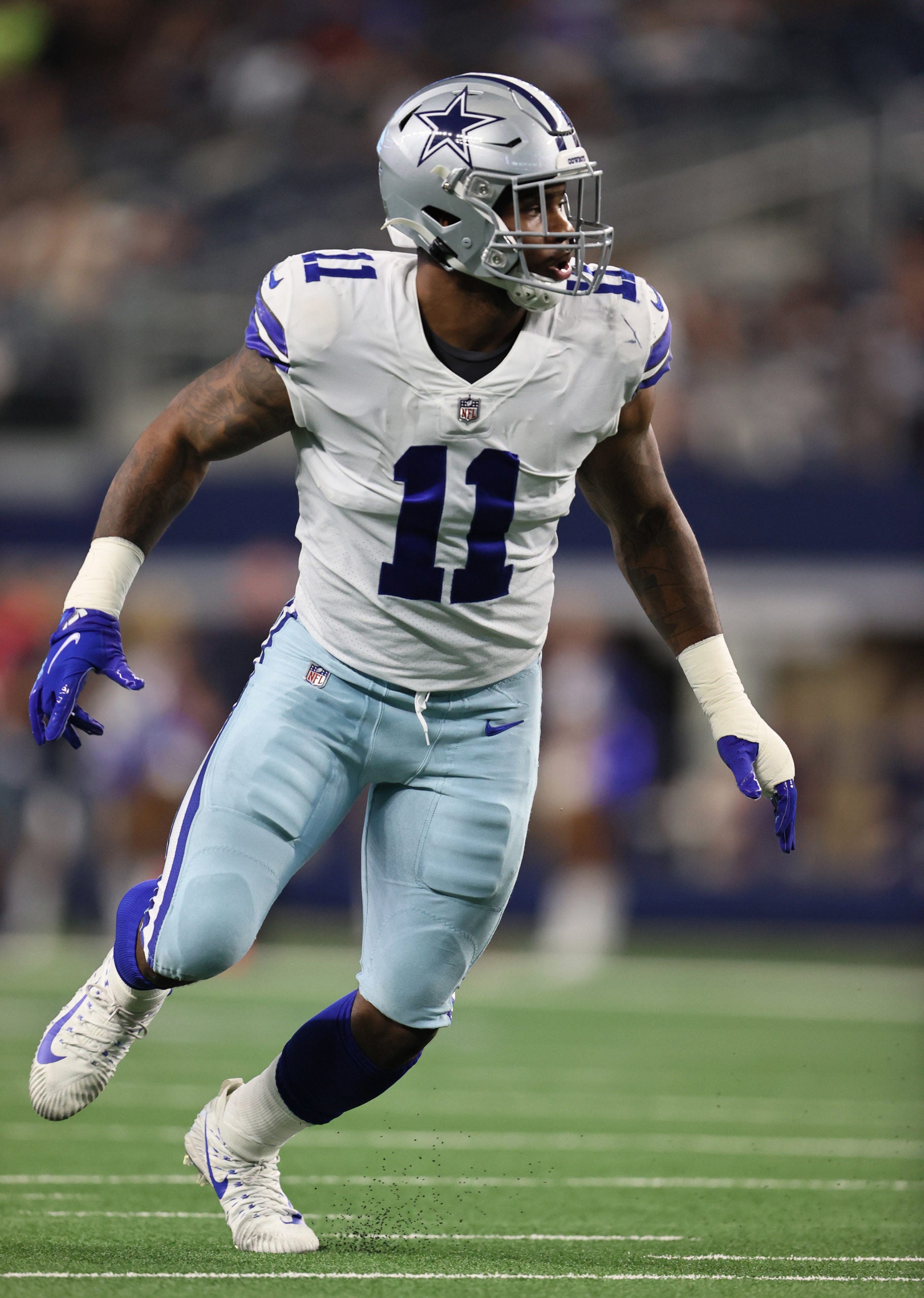 Aug 21, 2021; Arlington, Texas, USA; Dallas Cowboys linebacker Micah Parsons (11) in action in the first half against the Houston Texans at AT&T Stadium. Mandatory Credit: Matthew Emmons-USA TODAY Sports