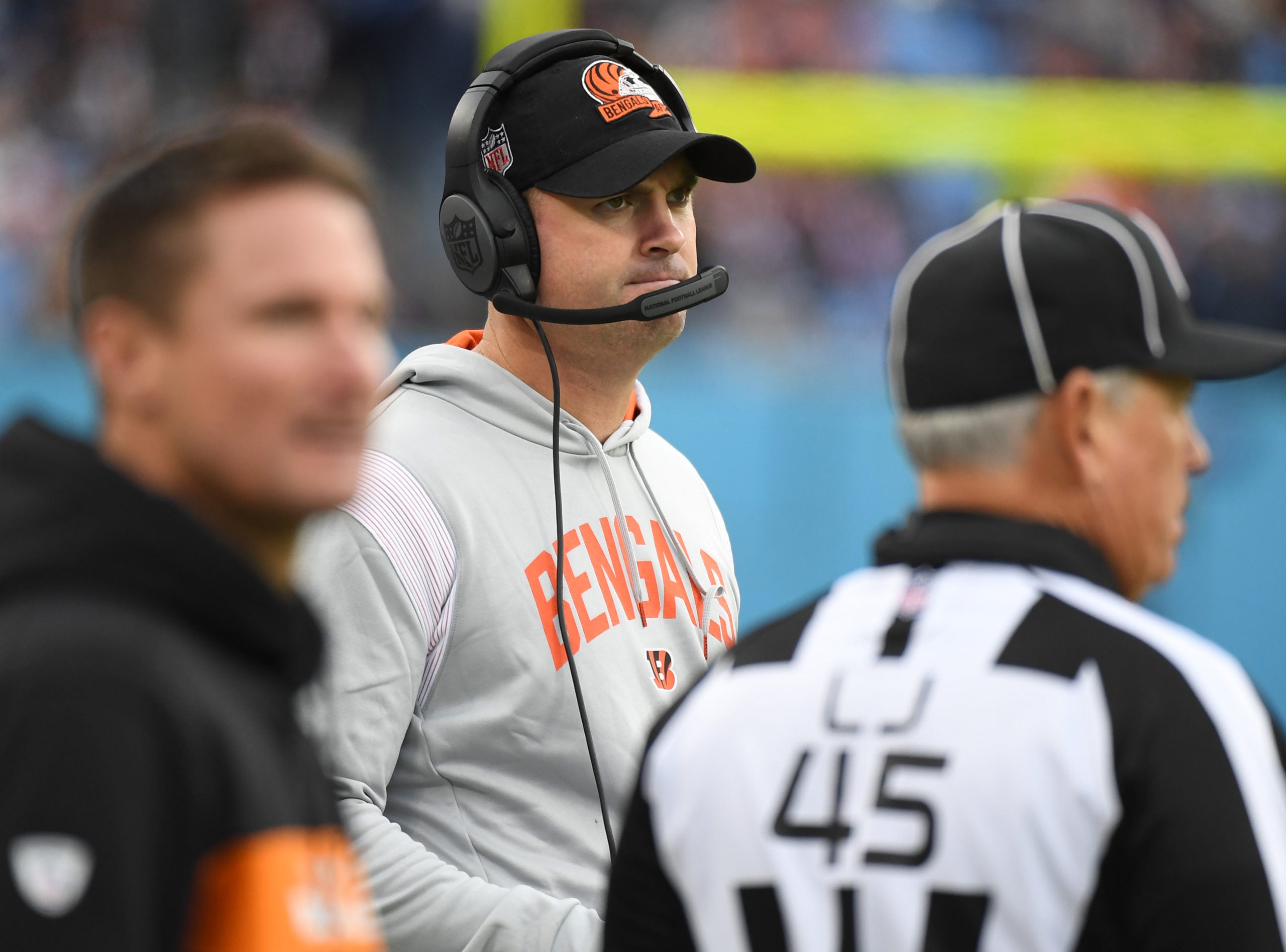 Nov 27, 2022; Nashville, Tennessee, USA; Cincinnati Bengals head coach Zac Taylor looks on from the sideline during the second half against the Tennessee Titans at Nissan Stadium. Mandatory Credit: Christopher Hanewinckel-USA TODAY Sports