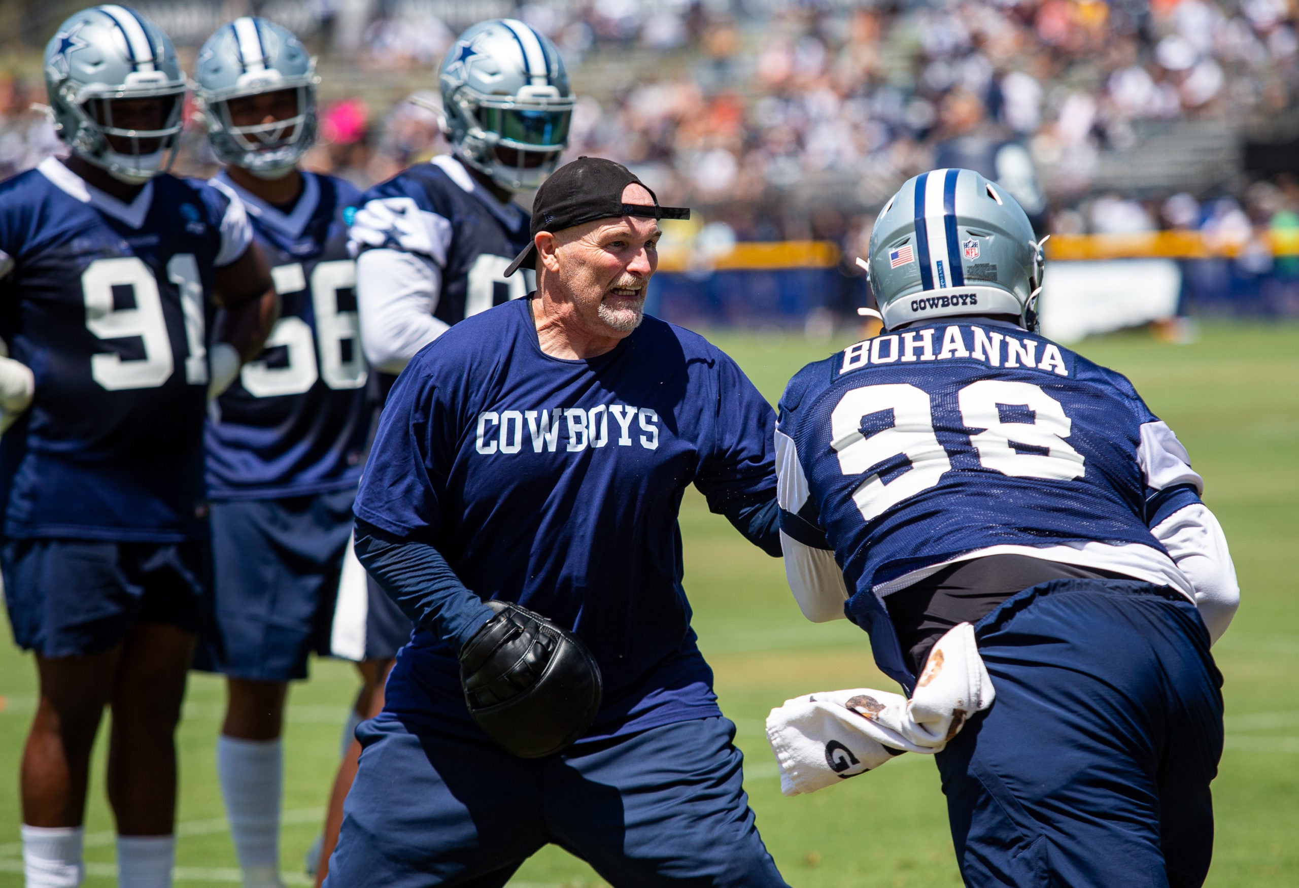 Jul 22, 2021; Oxnard, CA, USA; Dallas Cowboys defensive coordinator Dan Quinn during training camp practice at the Marriott Residence Inn. Mandatory Credit: Jason Parkhurst-USA TODAY Sports