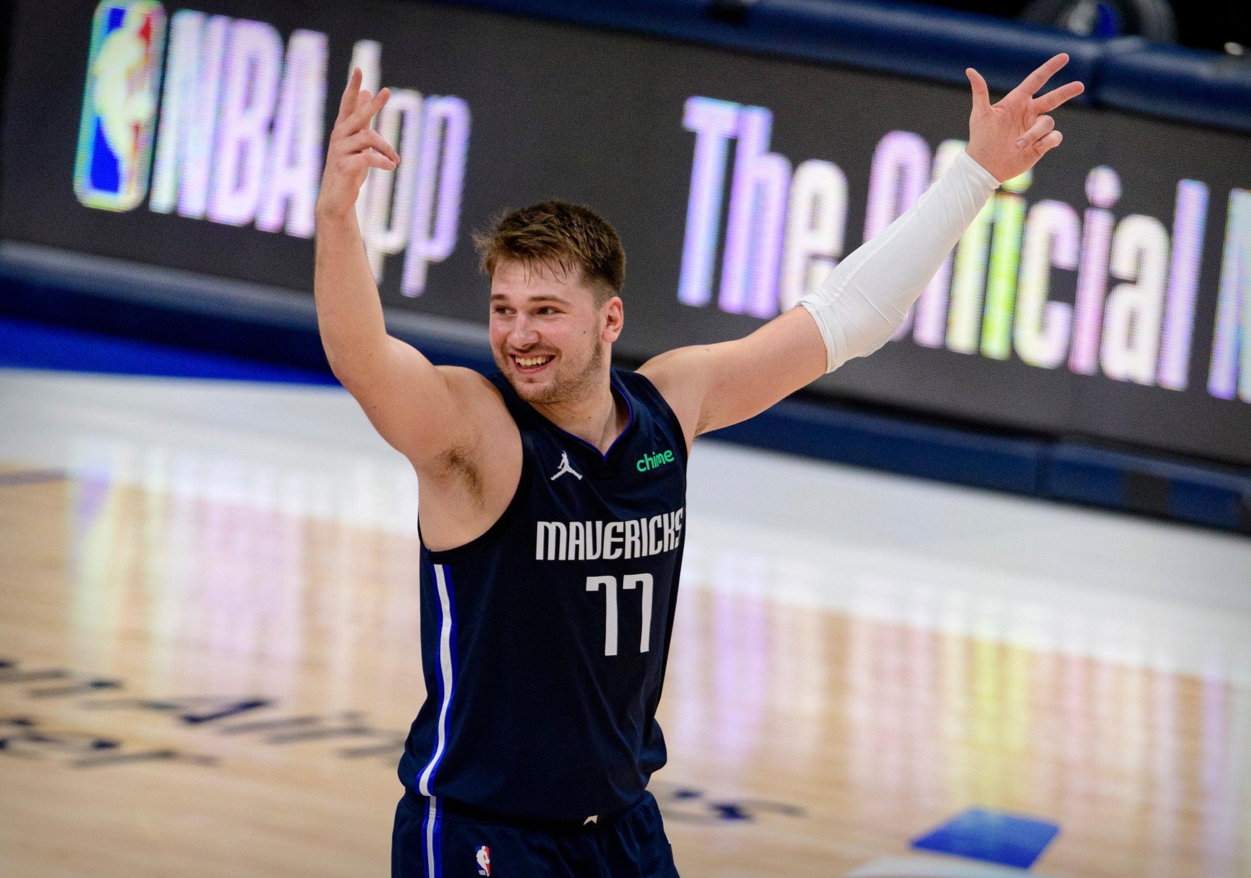 Apr 24, 2021; Dallas, Texas, USA; Dallas Mavericks guard Luka Doncic (77) celebrates during the fourth quarter against the Los Angeles Lakers at the American Airlines Center. Mandatory Credit: Jerome Miron-USA TODAY Sports