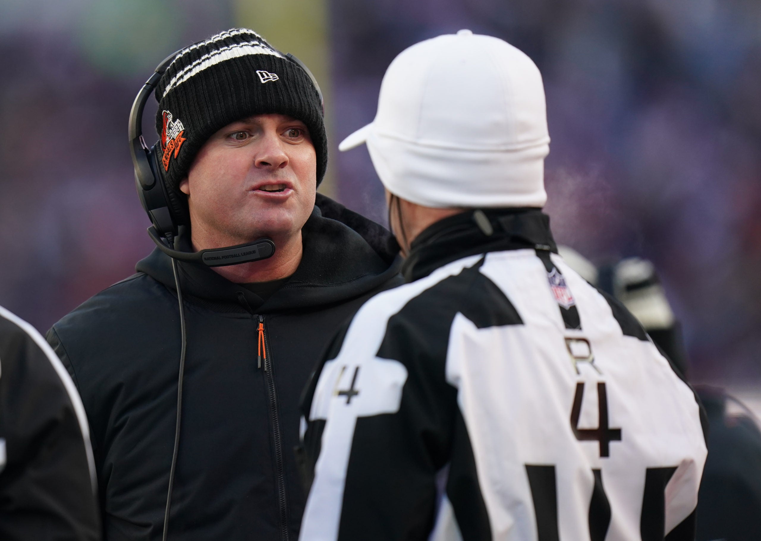 Dec 24, 2022; Foxborough, Massachusetts, USA; Cincinnati Bengals head coach Zac Taylor talks to an official from the sideline as they take on the New England Patriots in the second half at Gillette Stadium. Mandatory Credit: David Butler II-USA TODAY Sports