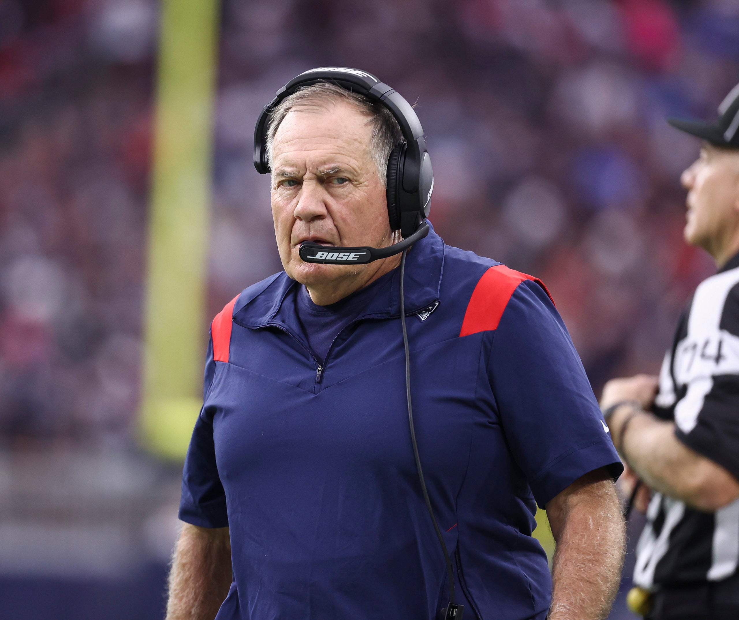 Oct 10, 2021; Houston, Texas, USA; New England Patriots head coach Bill Belichick reacts during the second quarter against the Houston Texans at NRG Stadium. Mandatory Credit: Troy Taormina-USA TODAY Sports