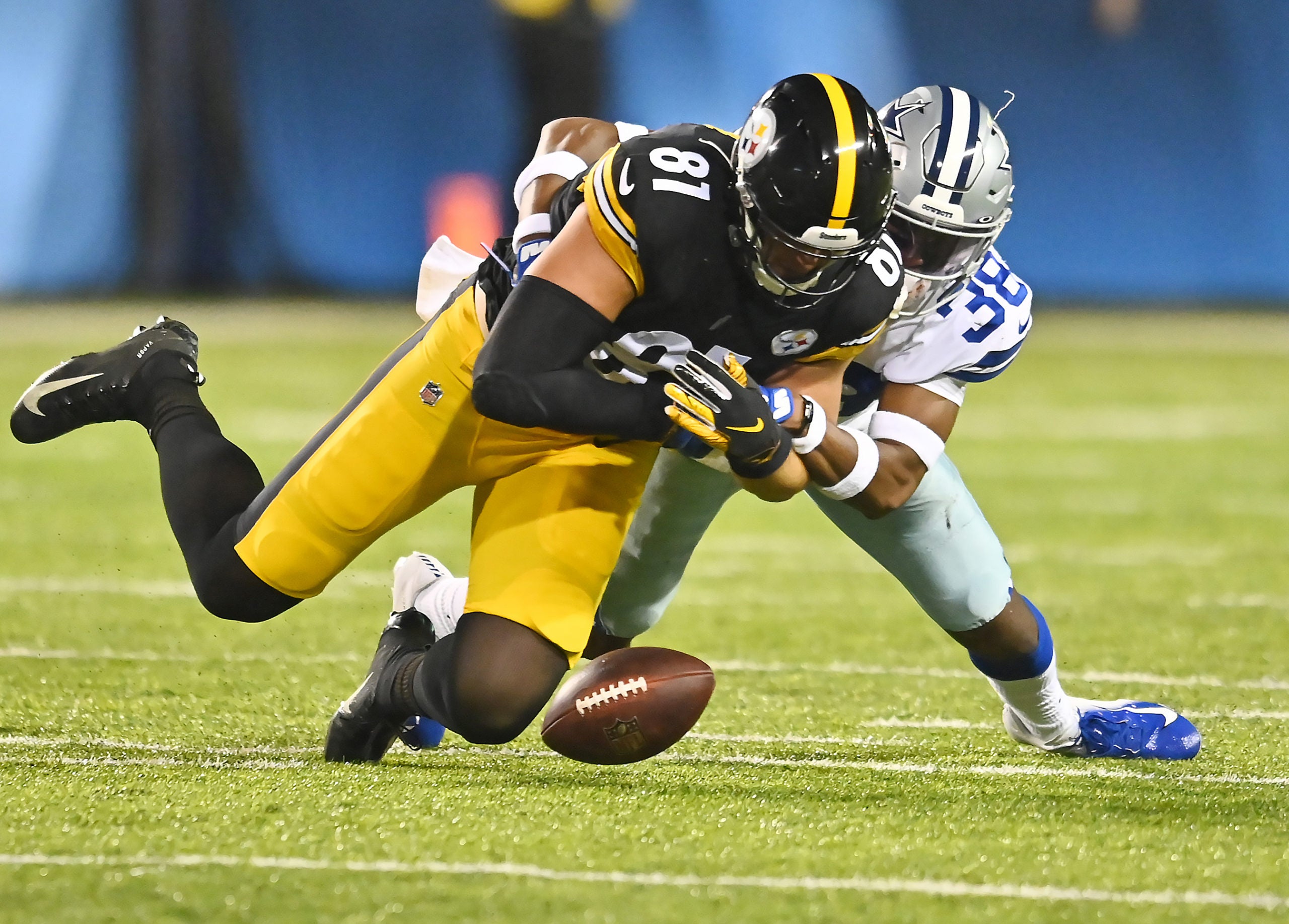 Aug 5, 2021; Canton, Ohio, USA; Dallas Cowboys cornerback Israel Mukuamu (38) knocks the ball away from Pittsburgh Steelers tight end Zach Gentry (81) during the first half at Tom Benson Hall of Fame Stadium. Mandatory Credit: Ken Blaze-USA TODAY Sports