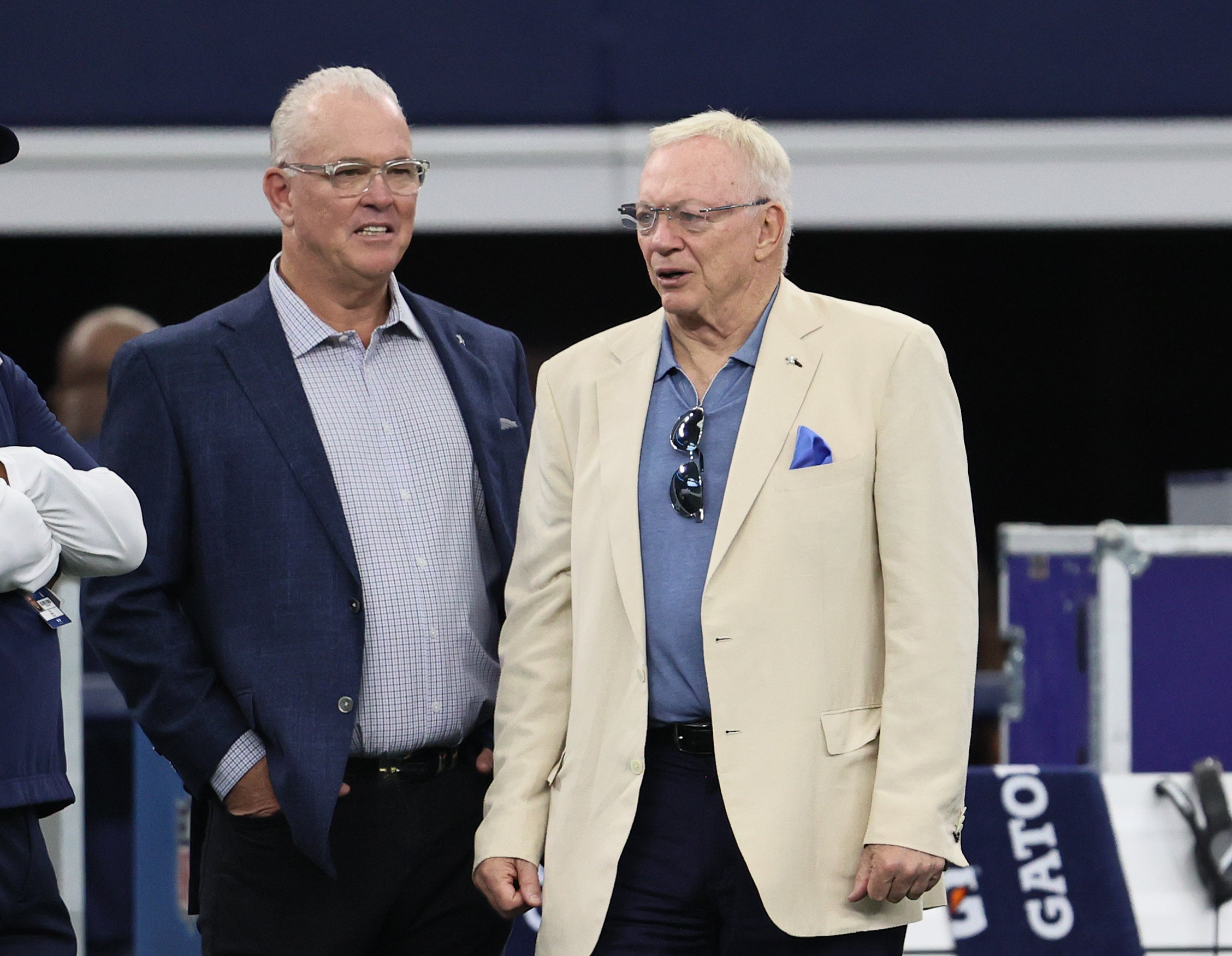 Aug 29, 2021; Arlington, Texas, USA; Dallas Cowboys owner Jerry Jones with his son Stephen Jones (left) prior to the game against the Jacksonville Jaguars at AT&T Stadium. Mandatory Credit: Matthew Emmons-USA TODAY Sports