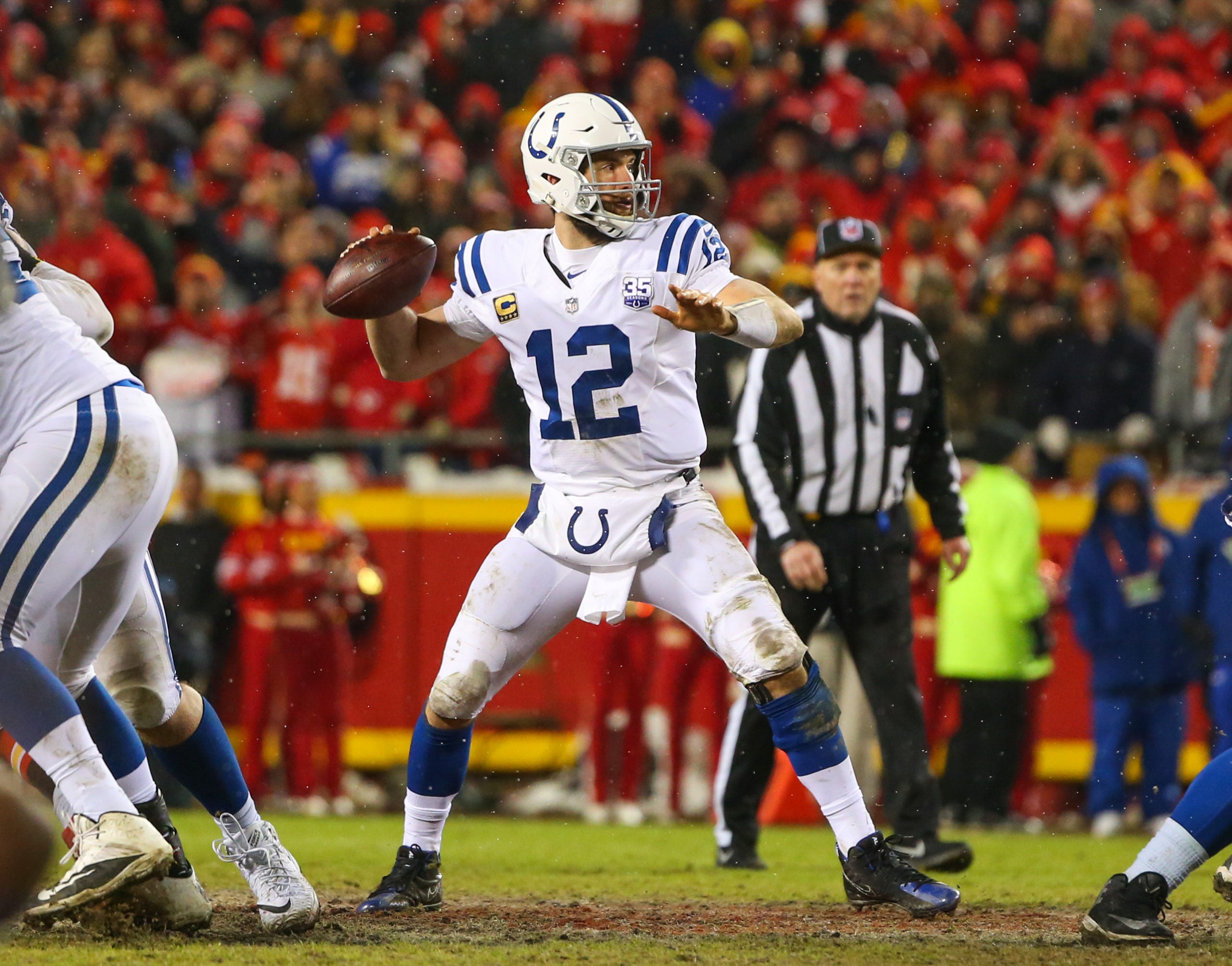 Jan 12, 2019; Kansas City, MO, USA; Indianapolis Colts quarterback Andrew Luck (12) throws a pass against the Kansas City Chiefs in an AFC Divisional playoff football game at Arrowhead Stadium. Mandatory Credit: Jay Biggerstaff-USA TODAY Sports