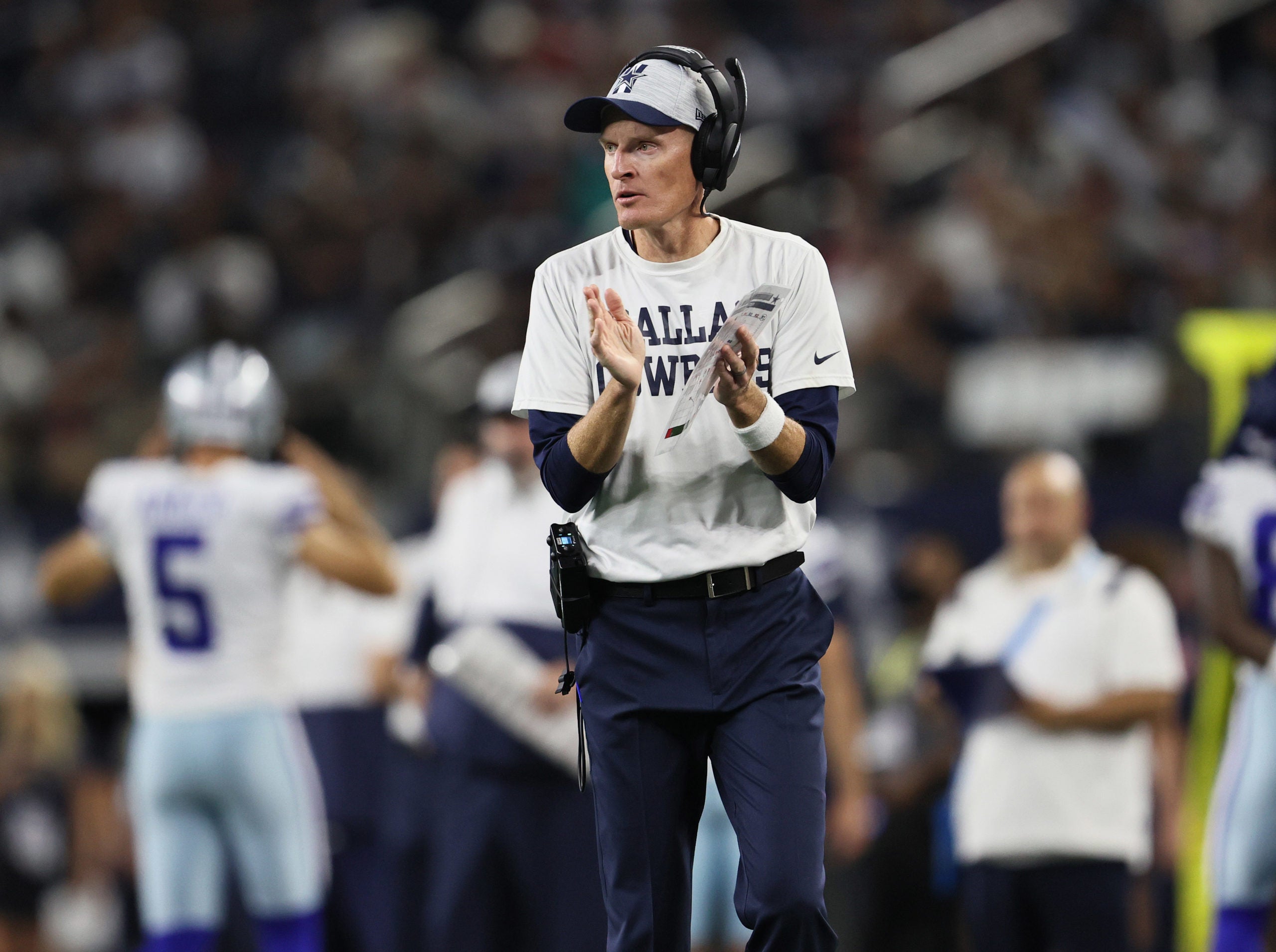 Aug 21, 2021; Arlington, Texas, USA; Dallas Cowboys special teams coordinator John Fassel on the sidelines during the third quarter against the Houston Texans at AT&T Stadium. Mandatory Credit: Matthew Emmons-USA TODAY Sports