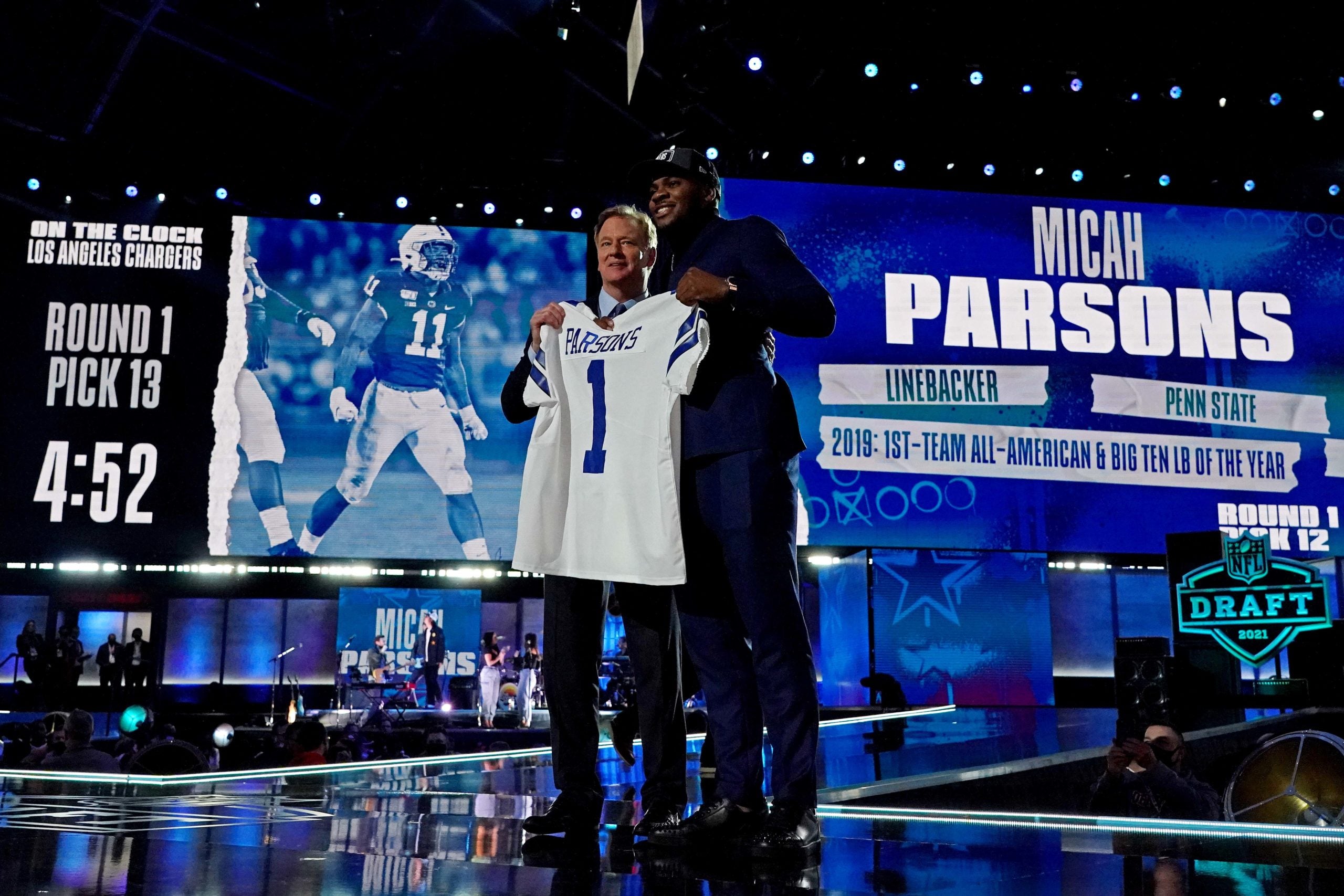 Apr 29, 2021; Cleveland, Ohio, USA; Micah Persons (Penn State) with NFL commissioner Roger Goodell after being selected by the Dallas Cowboys as the number 12 overall pick in the first round of the 2021 NFL Draft at First Energy Stadium. Mandatory Credit: Kirby Lee-USA TODAY Sports