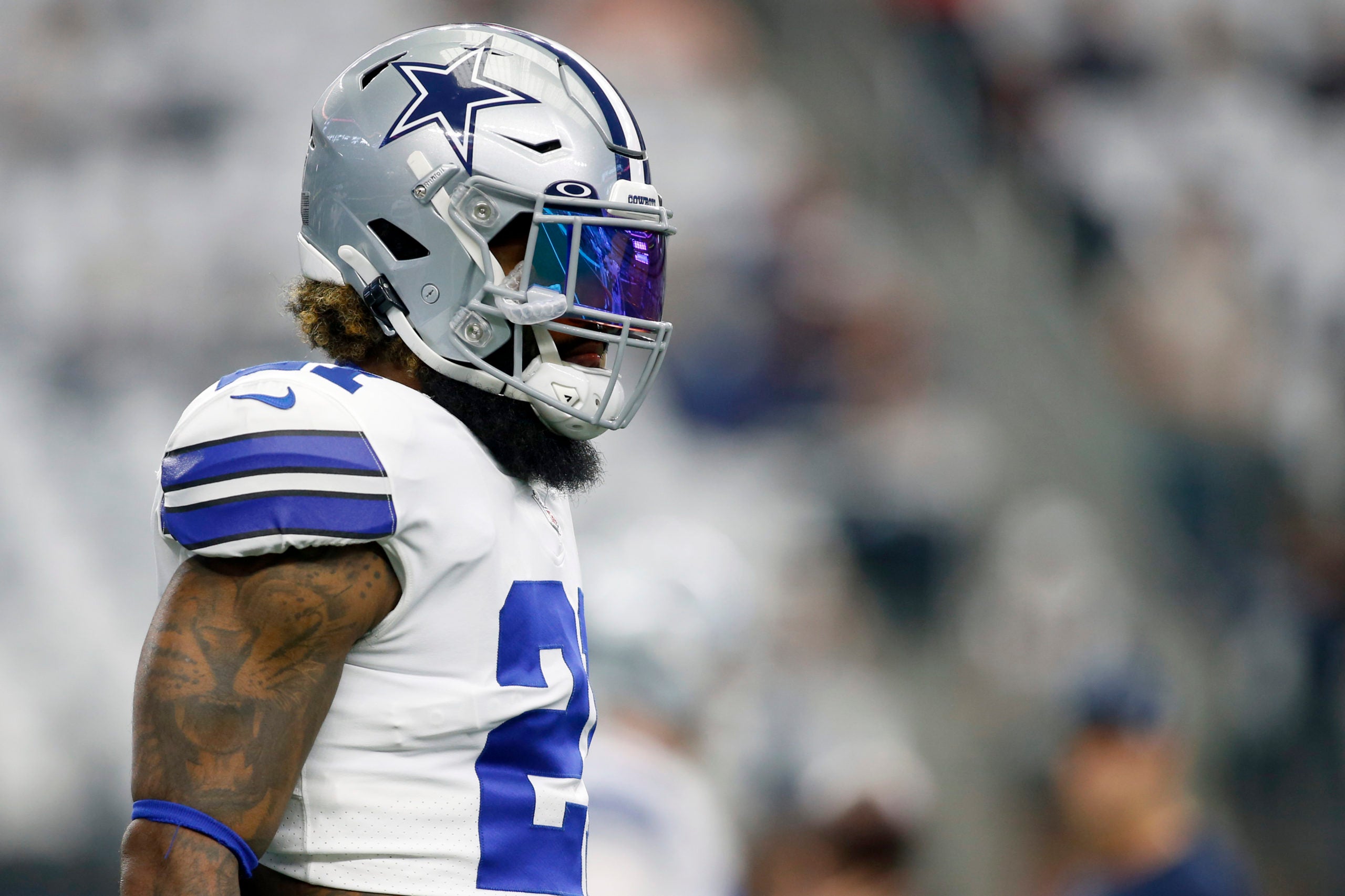 Oct 3, 2021; Arlington, Texas, USA; Dallas Cowboys running back Ezekiel Elliott (21) on the field before the game against the New York Giants at AT&T Stadium. Mandatory Credit: Tim Heitman-USA TODAY Sports
