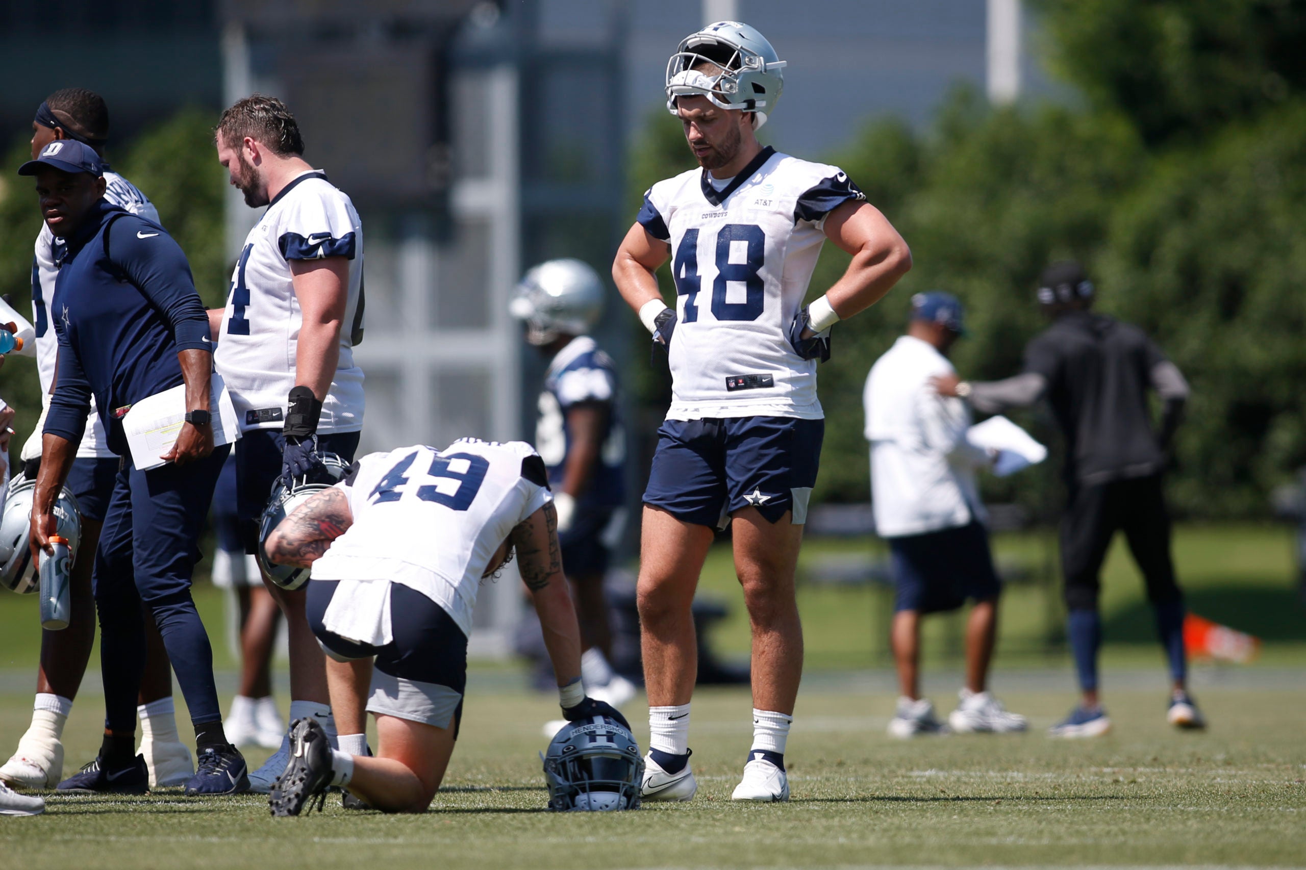 May 14, 2022; Frisco, Texas, USA; Dallas Cowboys tight end Jake Ferguson (48) on the field during practice at the Ford Center at the Star Training Facility in Frisco, Texas.   Mandatory Credit: Tim Heitman-USA TODAY Sports