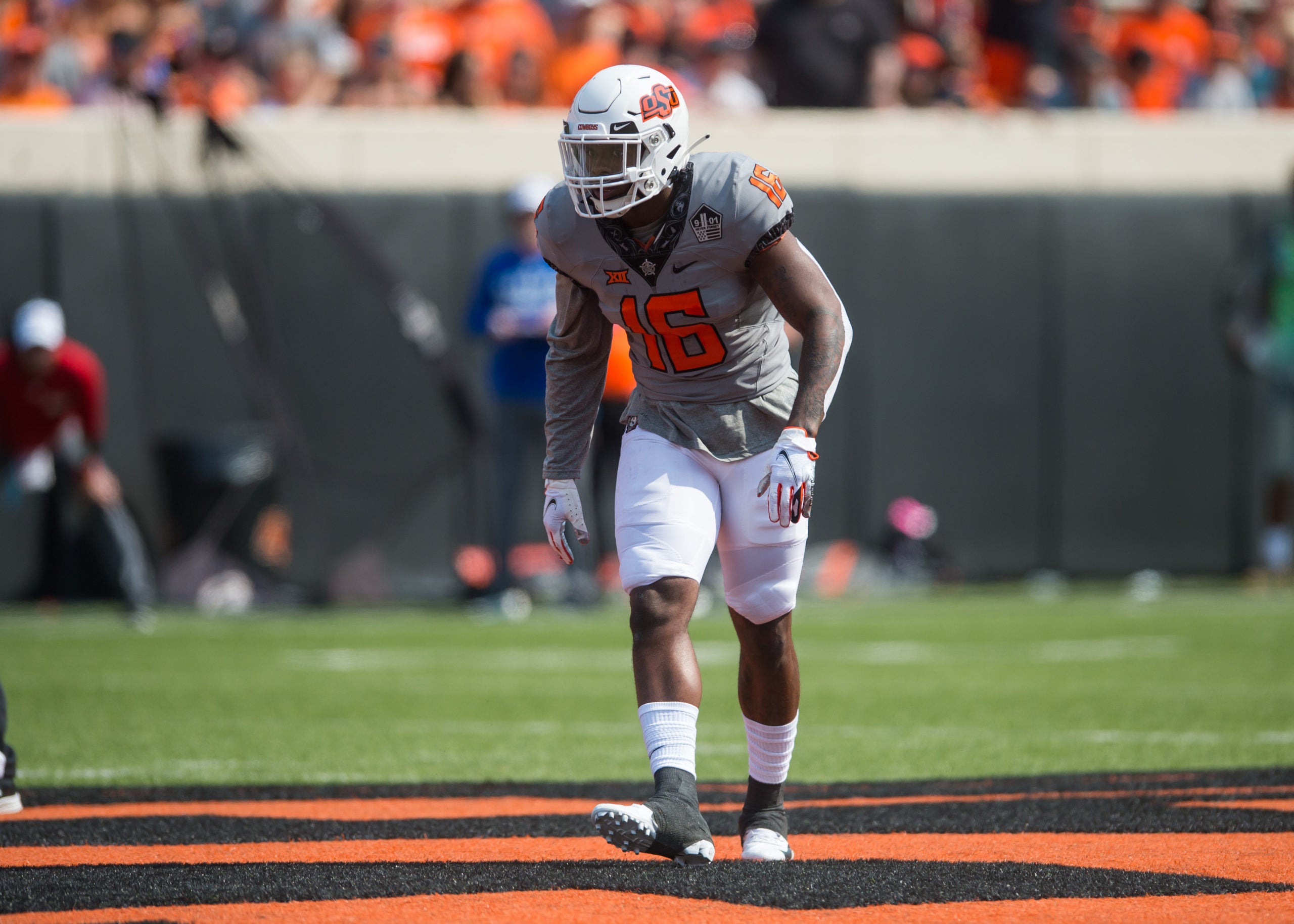Sep 11, 2021; Stillwater, Oklahoma, USA;  Oklahoma State Cowboys linebacker Devin Harper (16) during the first quarter against the Tulsa Golden Hurricane at Boone Pickens Stadium. The Cowboys won 28-23. Mandatory Credit: Brett Rojo-USA TODAY Sports