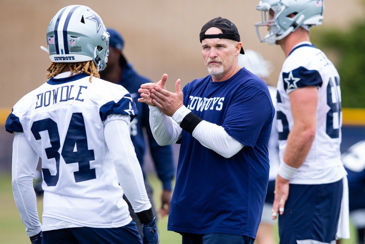 Jul 24, 2021; Oxnard, CA, USA; Dallas Cowboys defensive coordinator Dan Quinn during training camp at the Marriott Residence Inn. Mandatory Credit: Jason Parkhurst-USA TODAY Sports