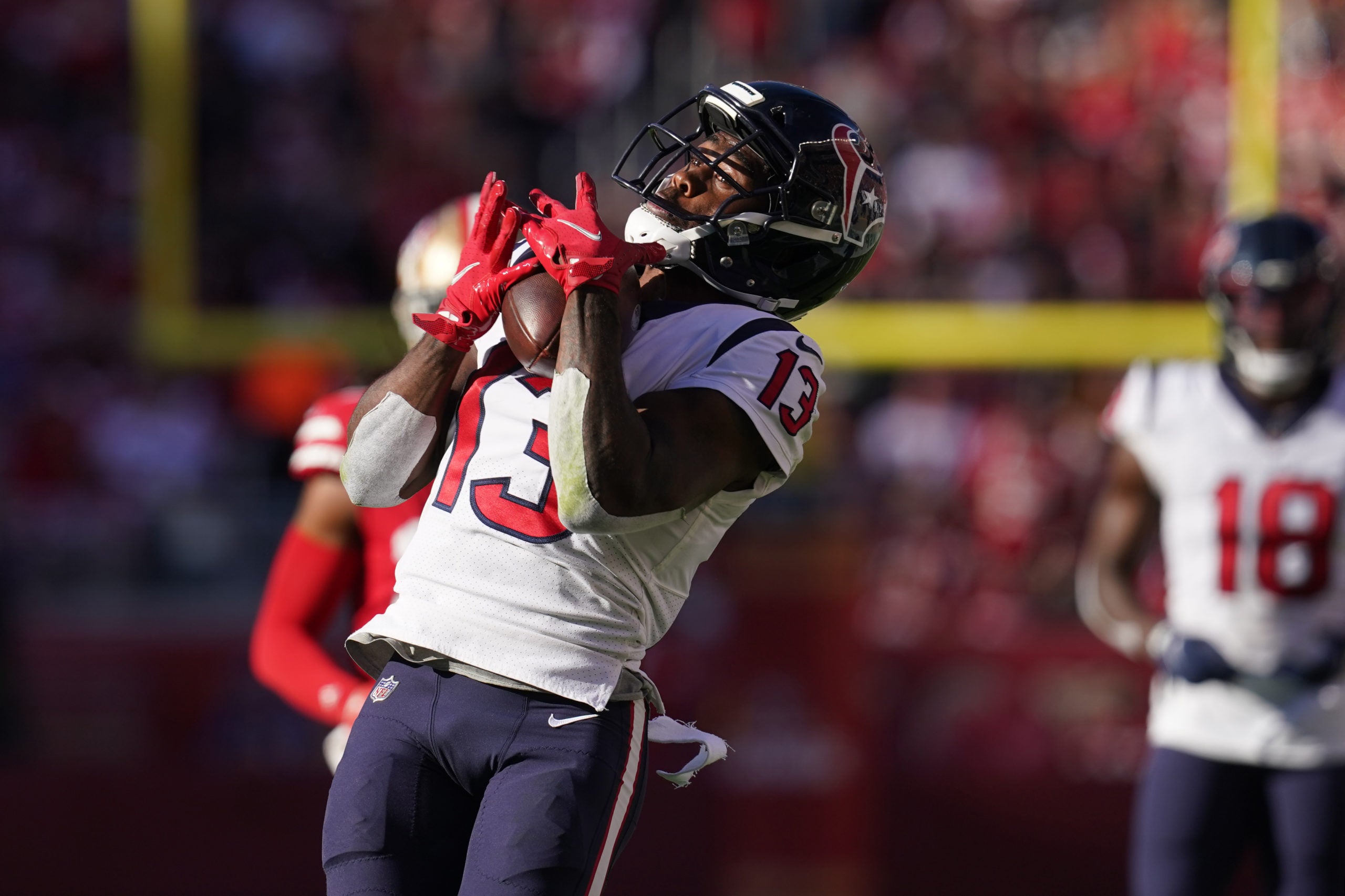 Jan 2, 2022; Santa Clara, California, USA; Houston Texans wide receiver Brandin Cooks (13) catches a pass for a first down against the San Francisco 49ers in the second quarter at Levi's Stadium. Mandatory Credit: Cary Edmondson-USA TODAY Sports