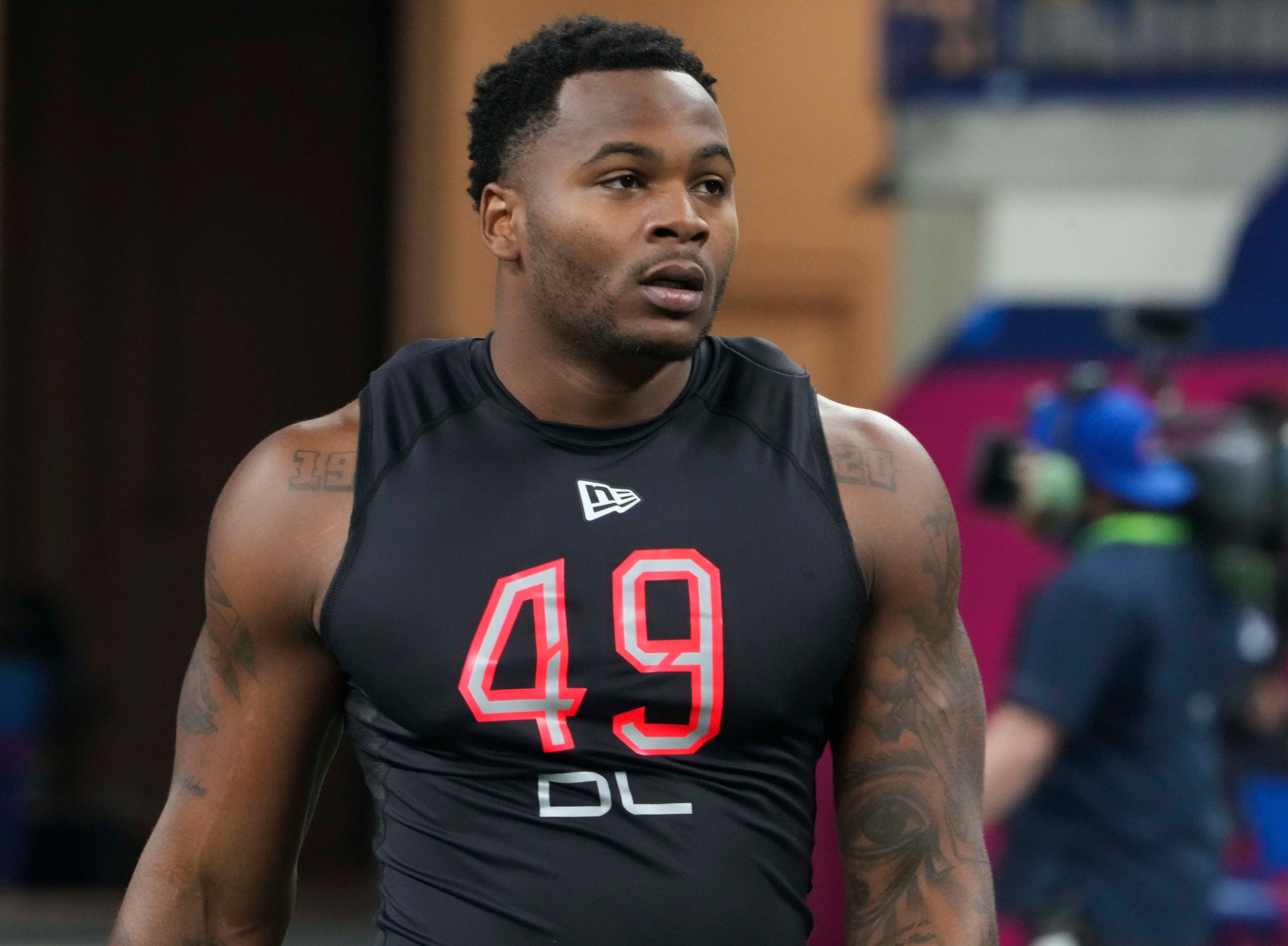 Mar 5, 2022; Indianapolis, IN, USA; Mississippi defensive lineman Sam Williams (DL49) during drills at the 2022 NFL Scouting Combine at Lucas Oil Stadium. Mandatory Credit: Kirby Lee-USA TODAY Sports