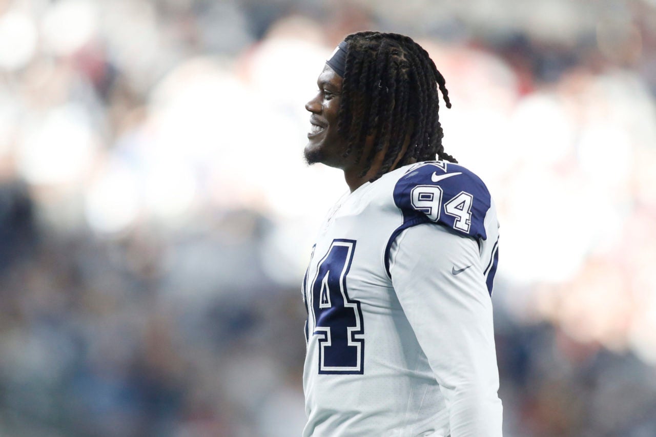 Jan 2, 2022; Arlington, Texas, USA; Dallas Cowboys defensive end Randy Gregory (94) on the field during a time out in the second quarter against the Arizona Cardinals  at AT&T Stadium. Mandatory Credit: Tim Heitman-USA TODAY Sports
