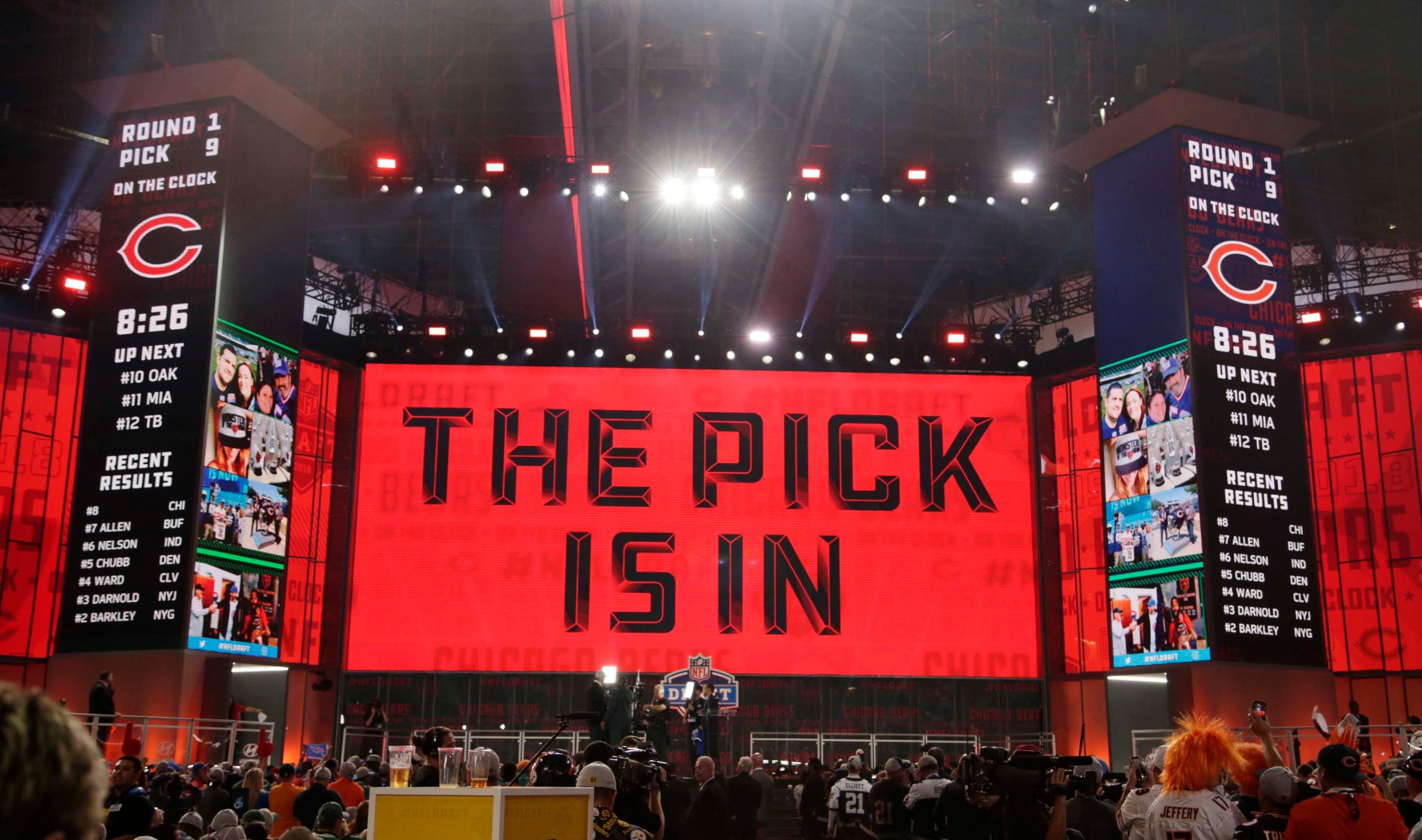 Apr 26, 2018; Arlington, TX, USA; A general view as the Chicago Bears make a selection in the first round of the 2018 NFL Draft at AT&T Stadium.  Mandatory Credit: Tim Heitman-USA TODAY Sports