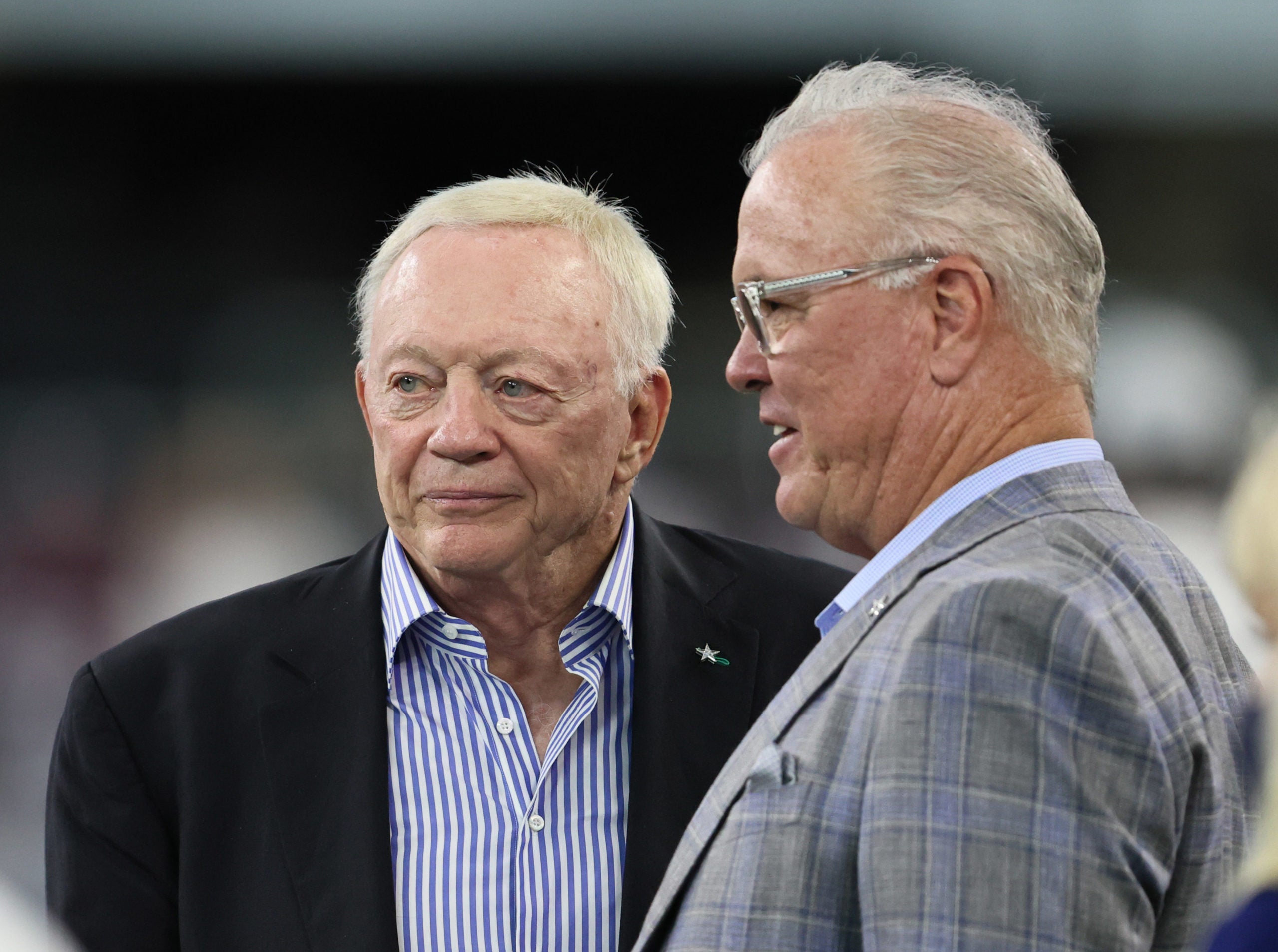 Aug 21, 2021; Arlington, Texas, USA;  Dallasy Cowboys owner Jerry Jones with son Stephen Jones before a preseason NFL game against the Houston Texans at AT&T Stadium. Mandatory Credit: Matthew Emmons-USA TODAY Sports