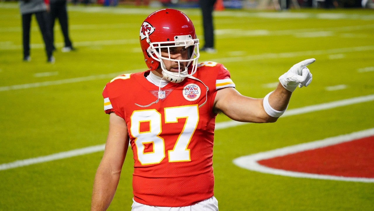 Dec 6, 2020; Kansas City, Missouri, USA; Kansas City Chiefs tight end Travis Kelce (87) gestures before the game against the Denver Broncos at Arrowhead Stadium. Mandatory Credit: Jay Biggerstaff-USA TODAY Sports
