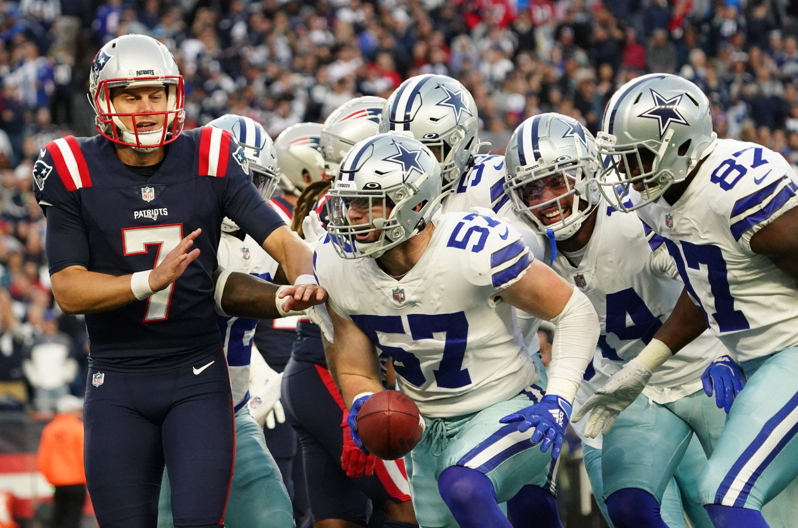 Oct 17, 2021; Foxborough, Massachusetts, USA; Dallas Cowboys linebacker Luke Gifford (57) reacts after blocking the kick from New England Patriots punter Jake Bailey (7) in the first half at Gillette Stadium. Mandatory Credit: David Butler II-USA TODAY Sports