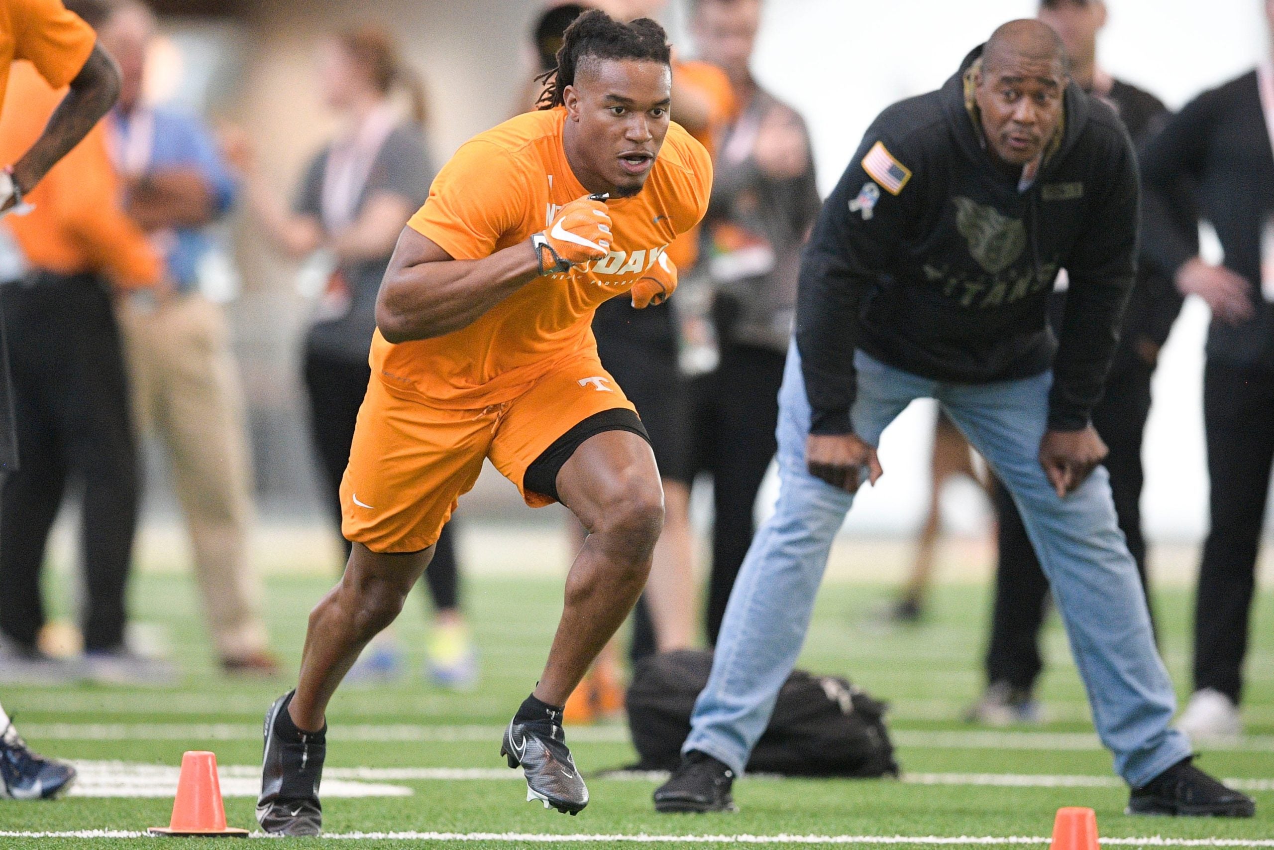 Tennessee wide receiver Velus Jones Jr. drills at Tennessee Football Pro Day at Anderson Training Facility in Knoxville, Tenn. on Wednesday, March 30, 2022. Kns Ut Nfl Draft
