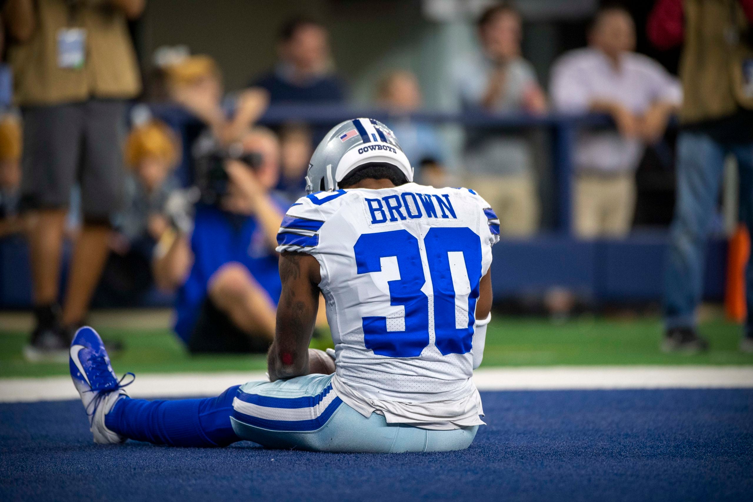Nov 25, 2021; Arlington, Texas, USA; Dallas Cowboys cornerback Anthony Brown (30) reacts to being called for a pass interference during the first quarter against the Las Vegas Raiders at AT&T Stadium. Mandatory Credit: Jerome Miron-USA TODAY Sports