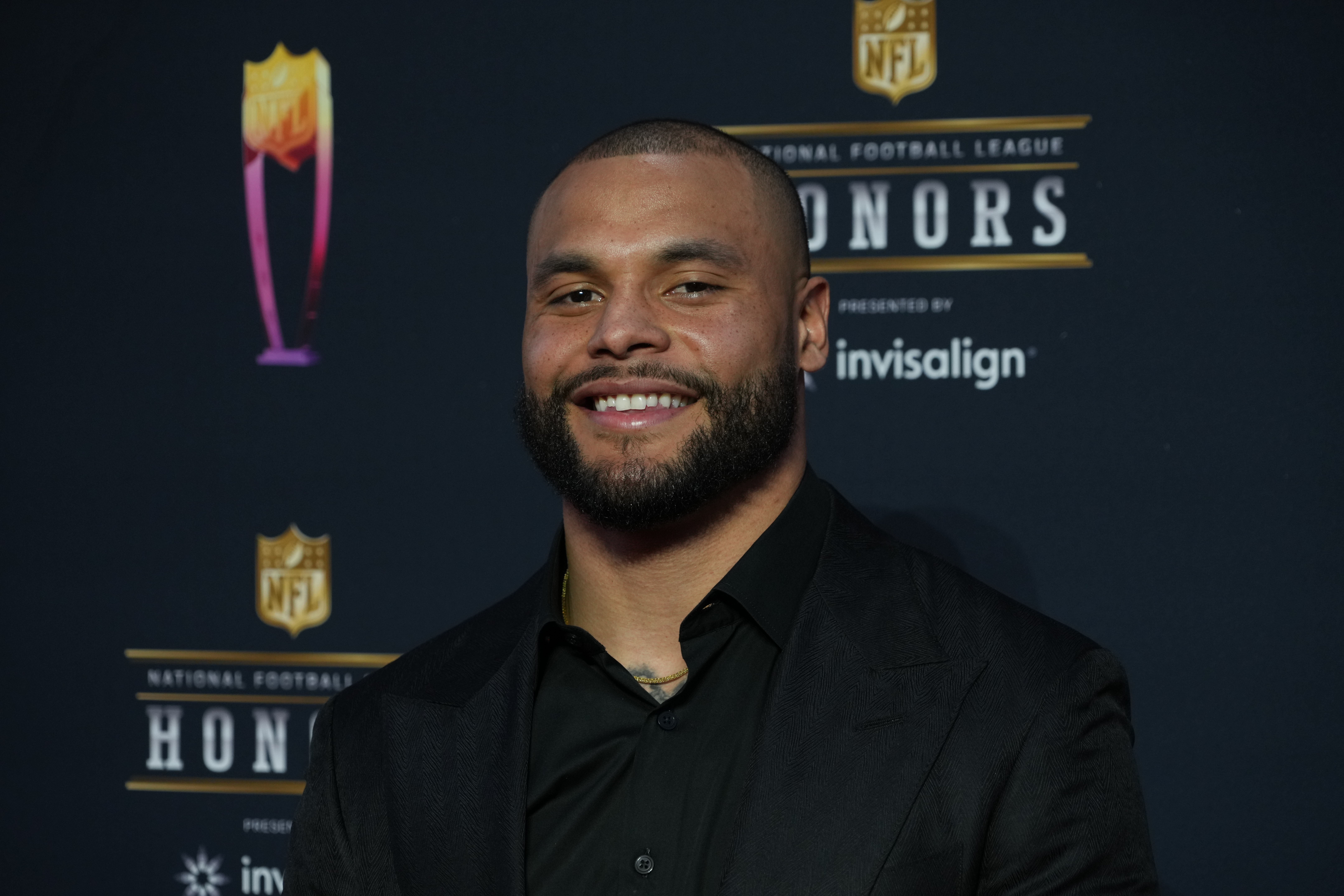 Feb 10, 2022; Los Angeles, CA, USA; Dak Prescott appears on the red carpet prior to the NFL Honors awards presentation at YouTube Theater. Mandatory Credit: Kirby Lee-USA TODAY Sports
