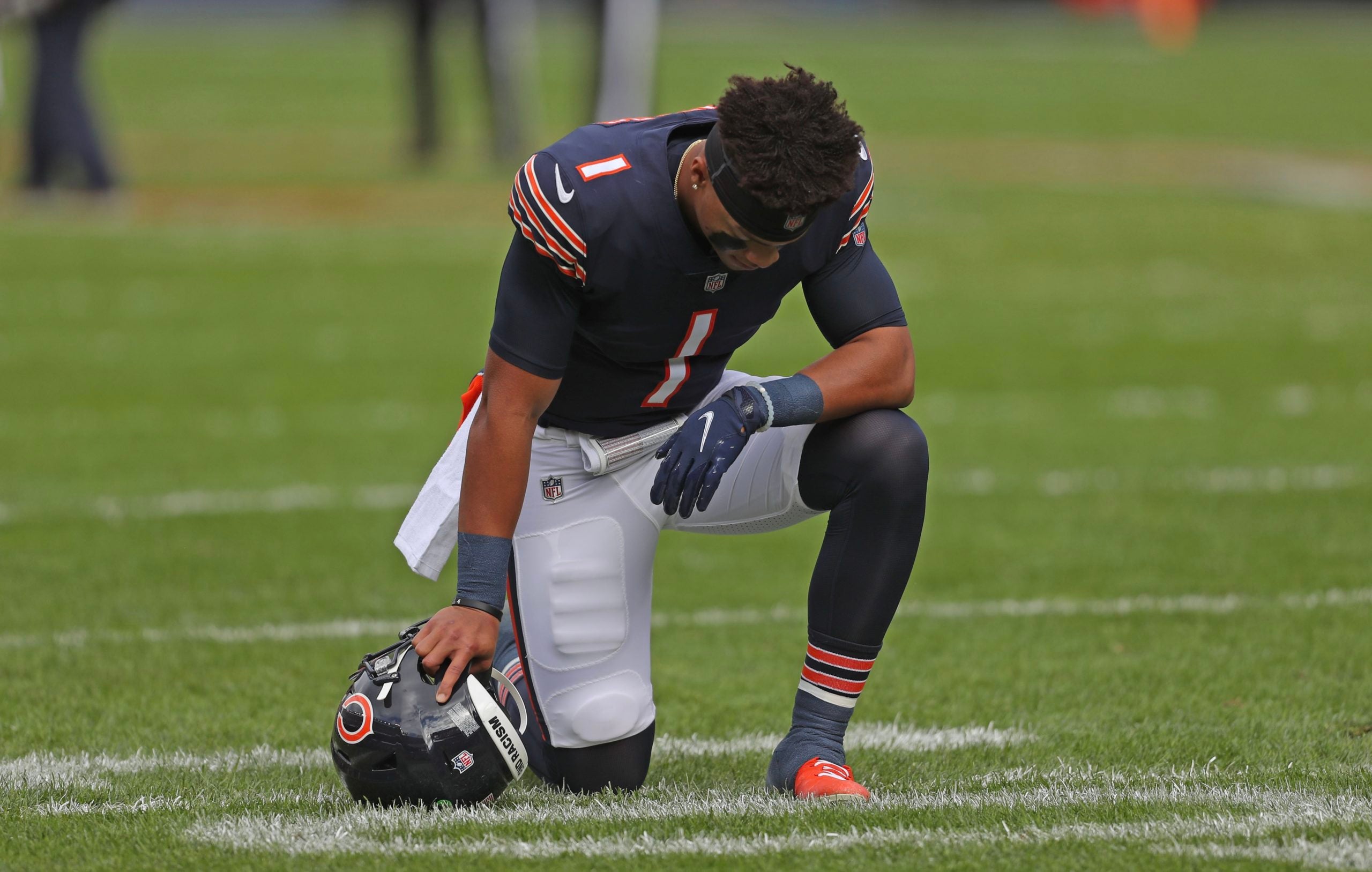 Oct 31, 2021; Chicago, Illinois, USA; Chicago Bears quarterback Justin Fields (1) prior to the first half against the San Francisco 49ers at Soldier Field. Mandatory Credit: Dennis Wierzbicki-USA TODAY Sports