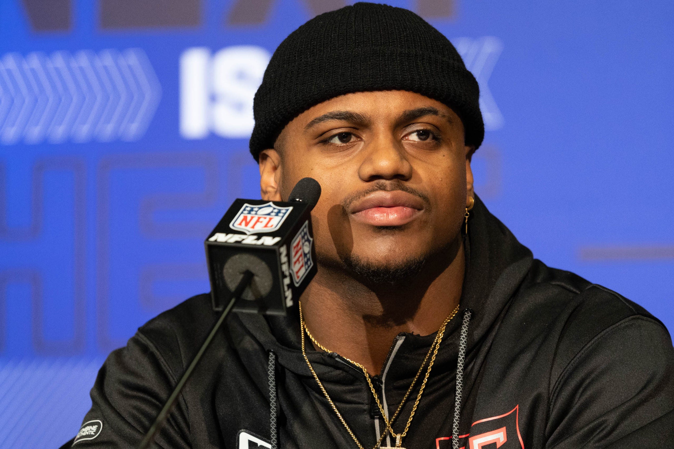 Mar 4, 2022; Indianapolis, IN, USA; Texas A&M defensive lineman Demarvin Leal (DL15) talks to the media during the 2022 NFL Combine.  Mandatory Credit: Trevor Ruszkowski-USA TODAY Sports