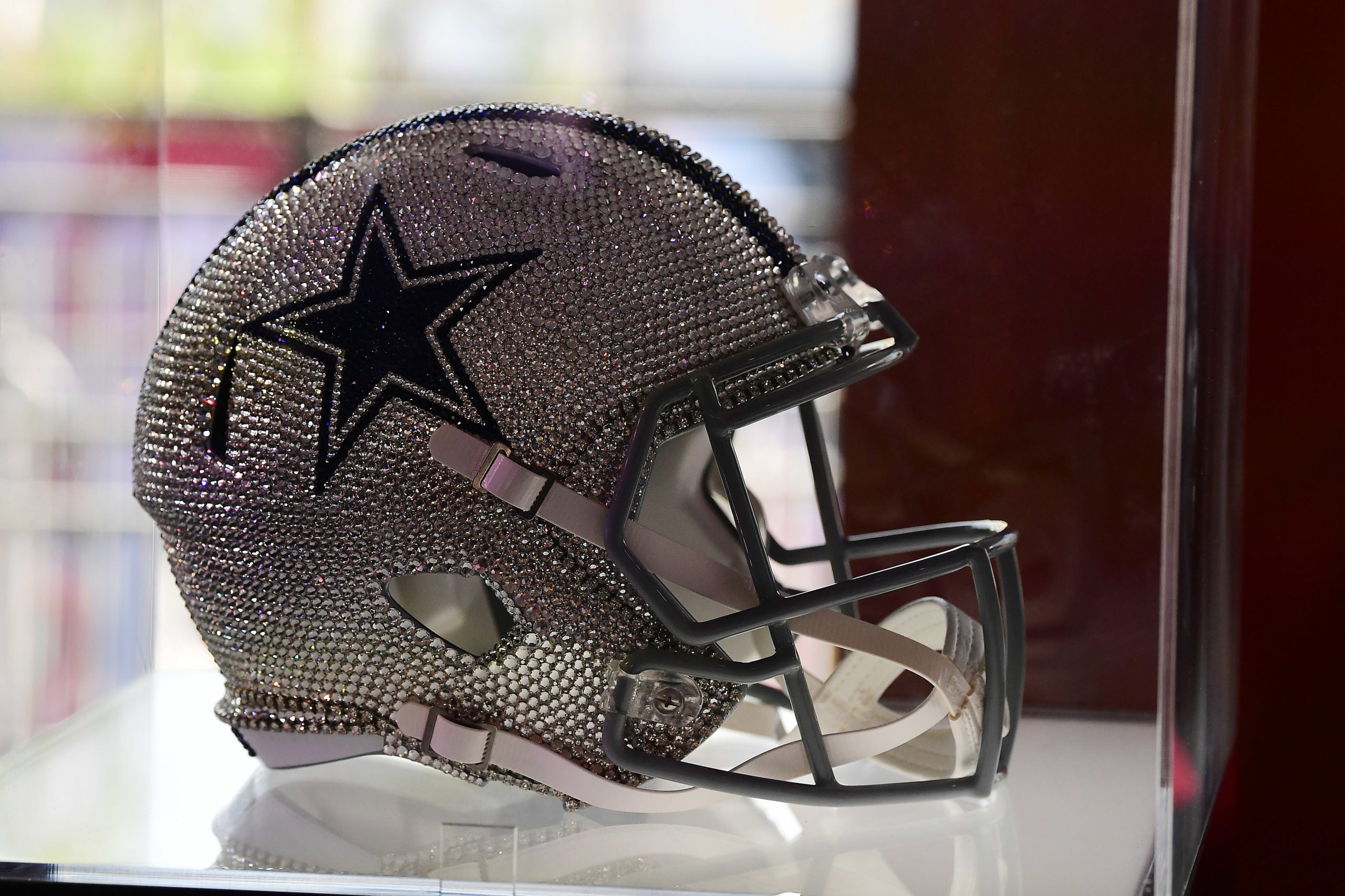 Apr 28, 2022; Las Vegas, NV, USA; Dallas Cowboys helmet on display at the NFL Draft Experience. Mandatory Credit: Gary A. Vasquez-USA TODAY Sports